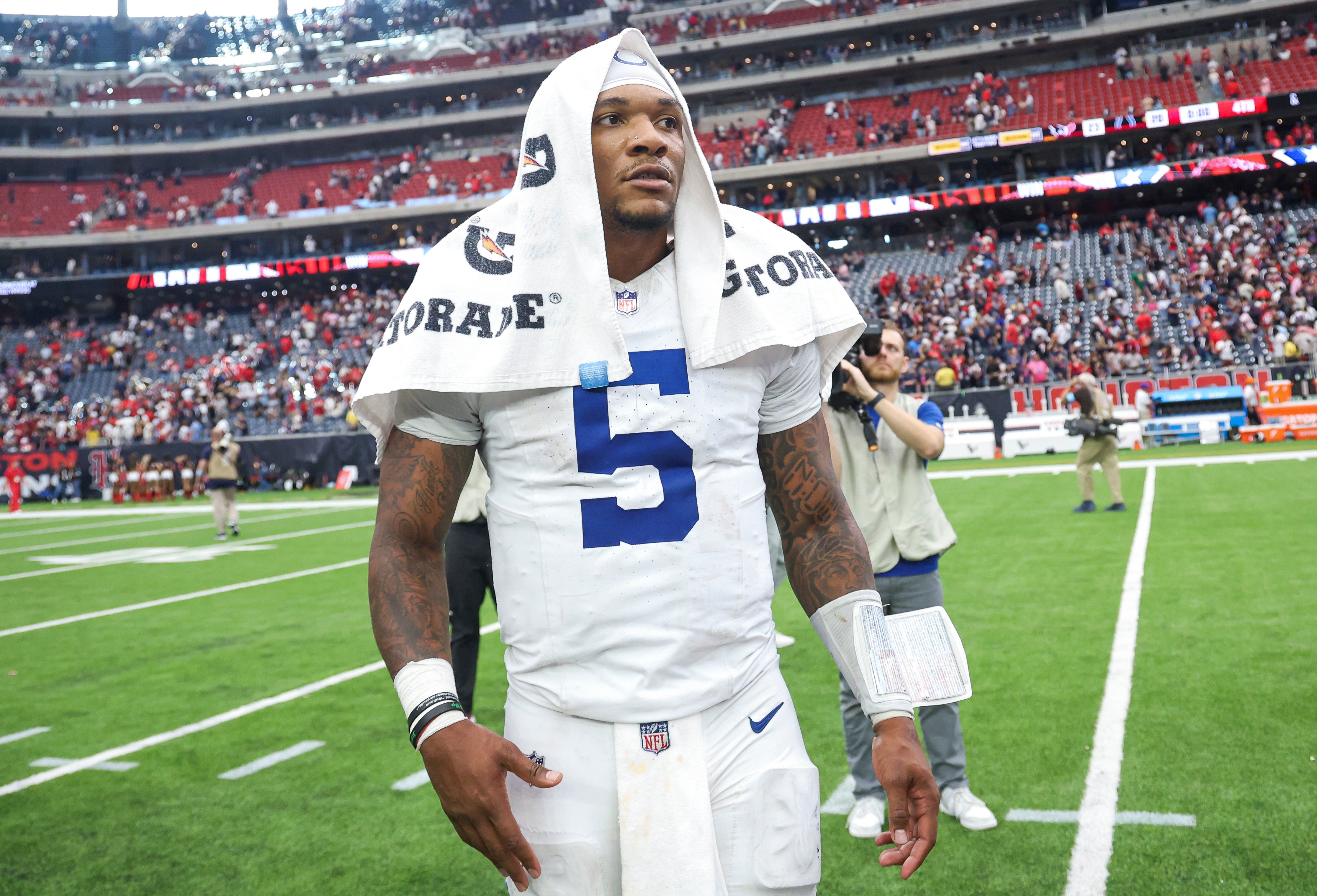Oct 27, 2024; Houston, Texas, USA; Indianapolis Colts quarterback Anthony Richardson (5) stands on the field after the game against the Houston Texans at NRG Stadium.