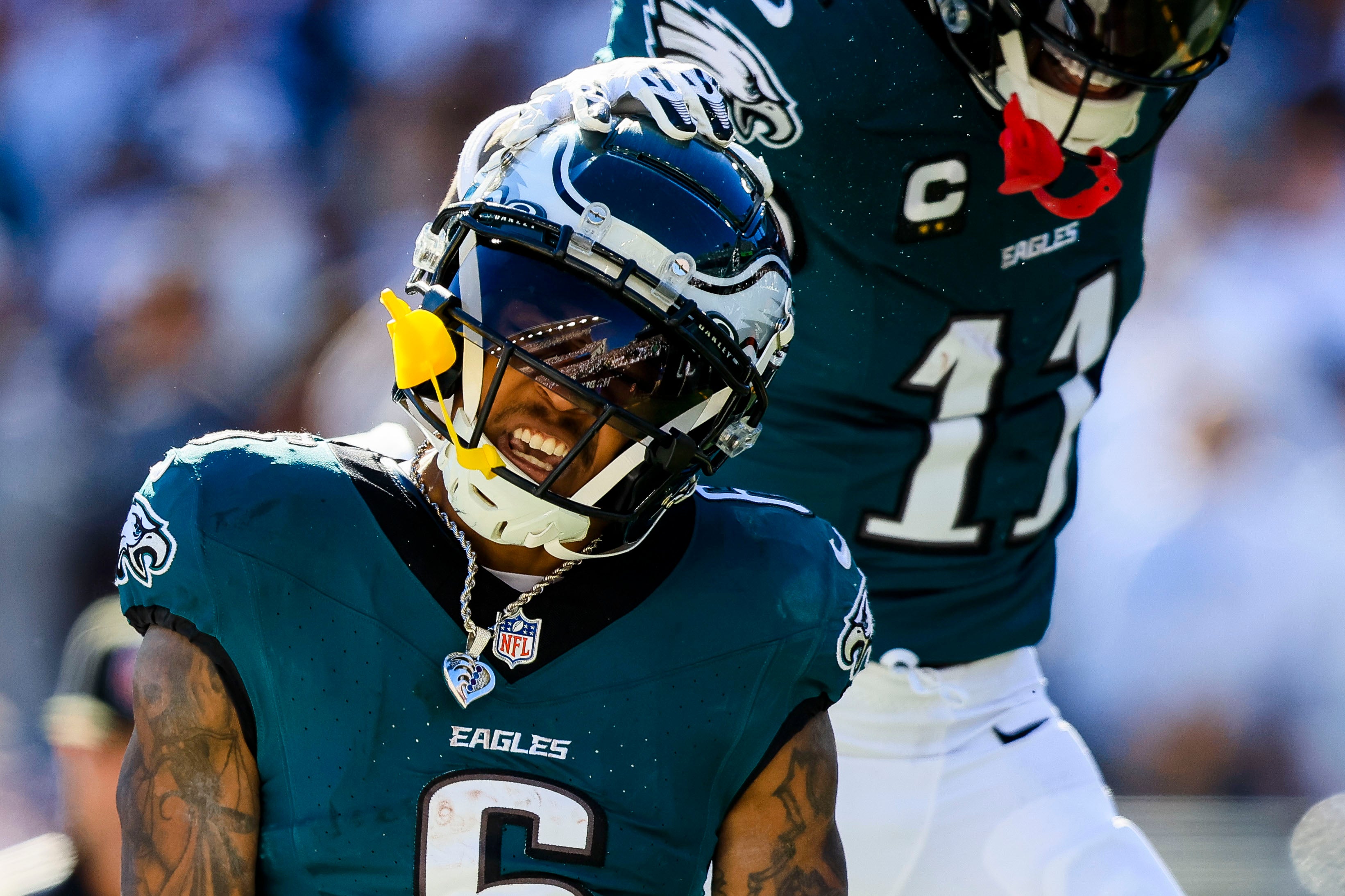 Philadelphia Eagles wide receiver DeVonta Smith (6) reacts after scoring a touchdown against the Cincinnati Bengals in the second half at Paycor Stadium.