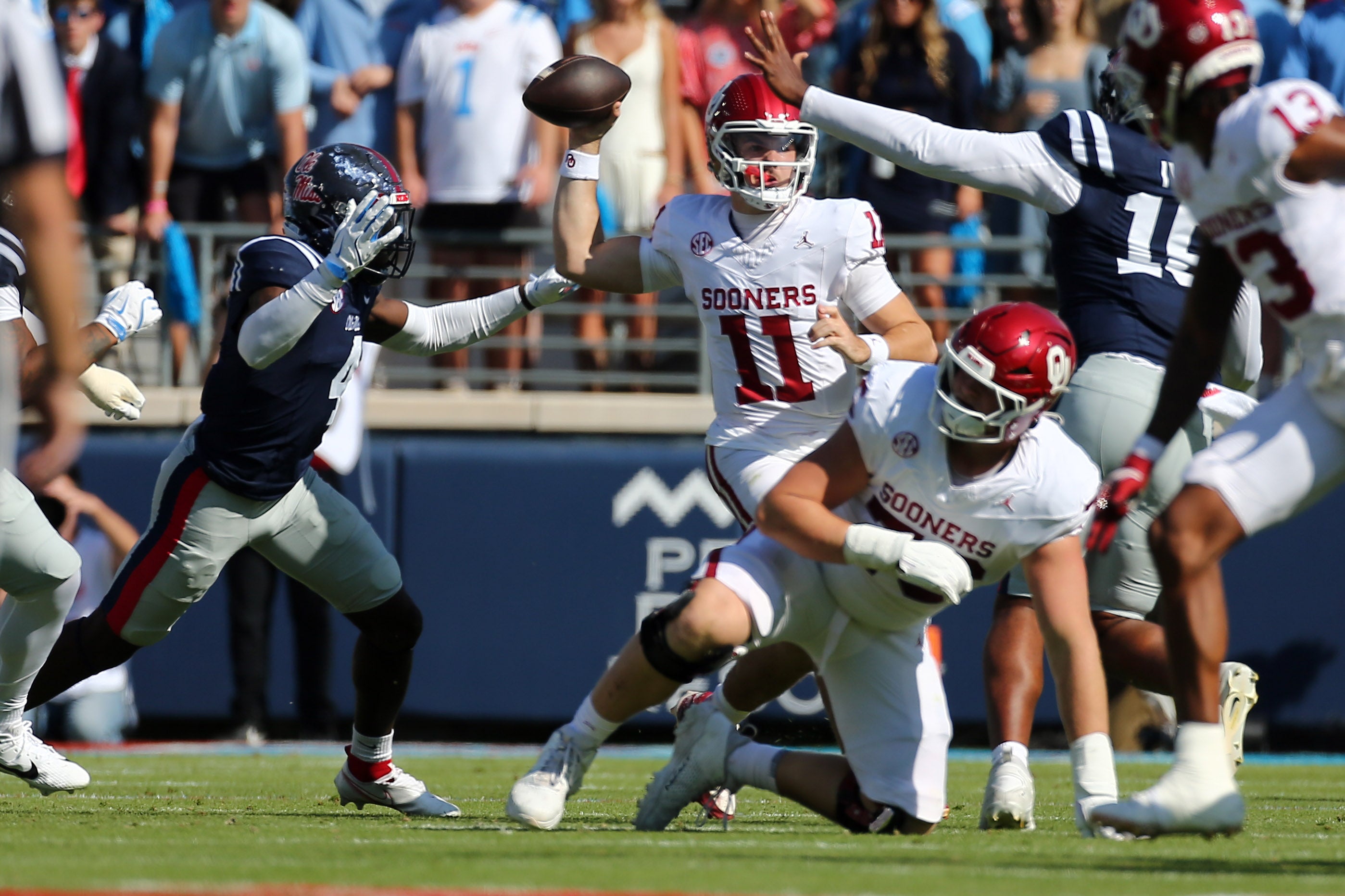 Oct 26, 2024; Oxford, Mississippi, USA; Oklahoma Sooners quarterback Jackson Arnold (11) passes the ball during the first half against the Mississippi Rebels at Vaught-Hemingway Stadium.