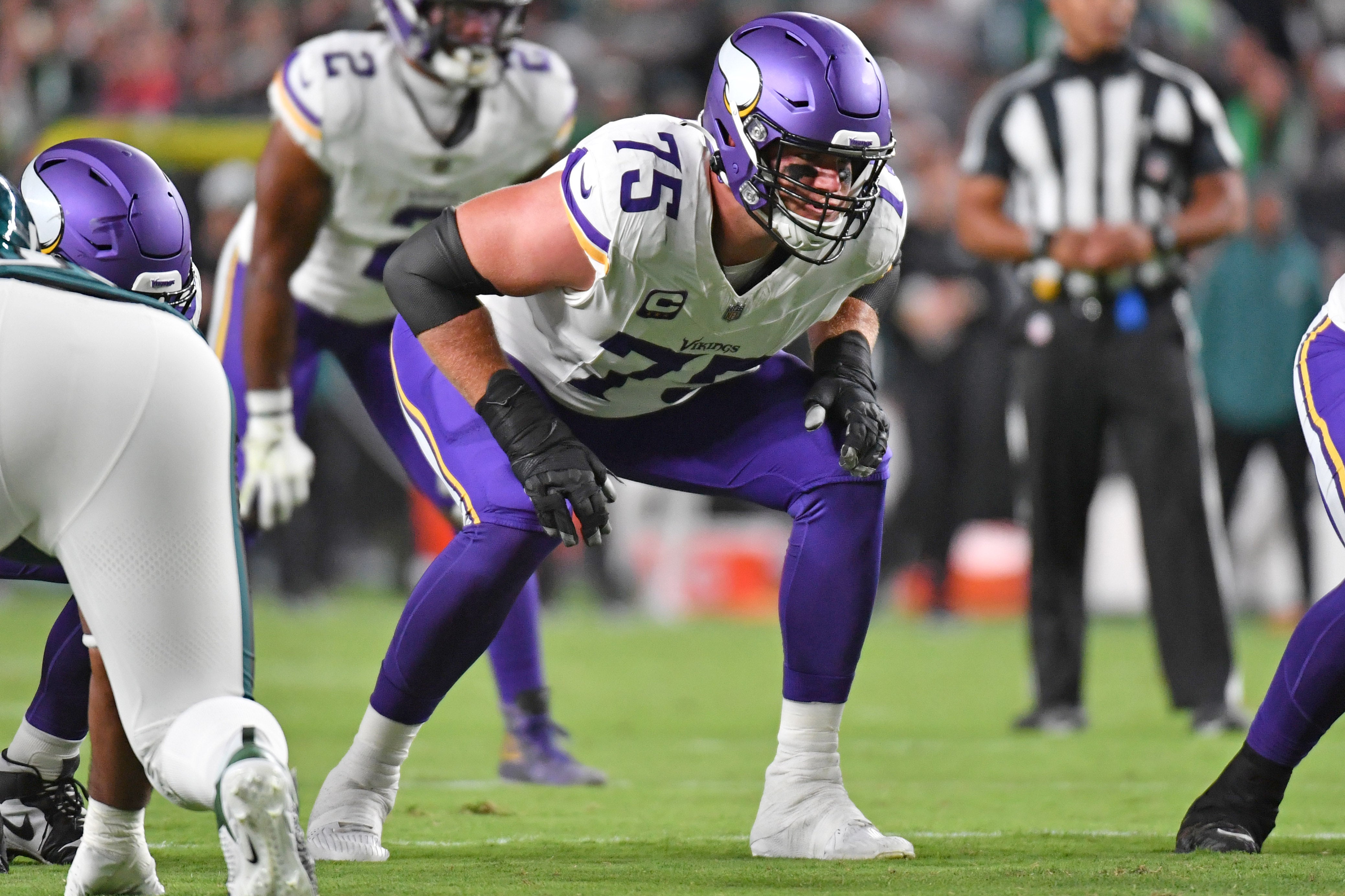 Sep 14, 2023; Philadelphia, Pennsylvania, USA; Minnesota Vikings offensive tackle Brian O'Neill (75) against the Philadelphia Eagles at Lincoln Financial Field.