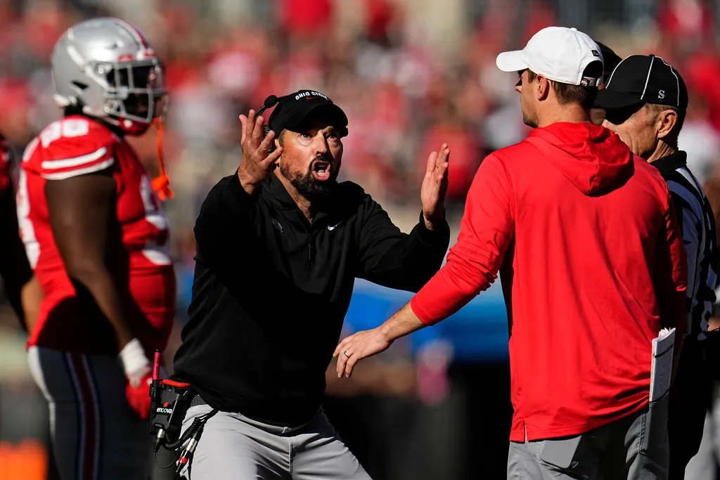 Ohio State Buckeyes head coach Ryan Day reacts to a targeting call on linebacker Arvell Reese during the second half of the NCAA football game against the Nebraska Cornhuskers at Ohio Stadium