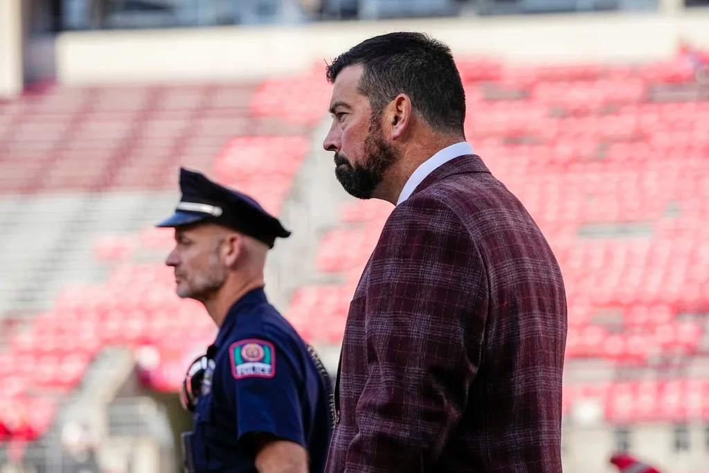 Ohio State Buckeyes head coach Ryan Day arrives prior to the NCAA football game against the Nebraska Cornhuskers at Ohio Stadium in Columbus on Saturday, Oct. 26, 2024