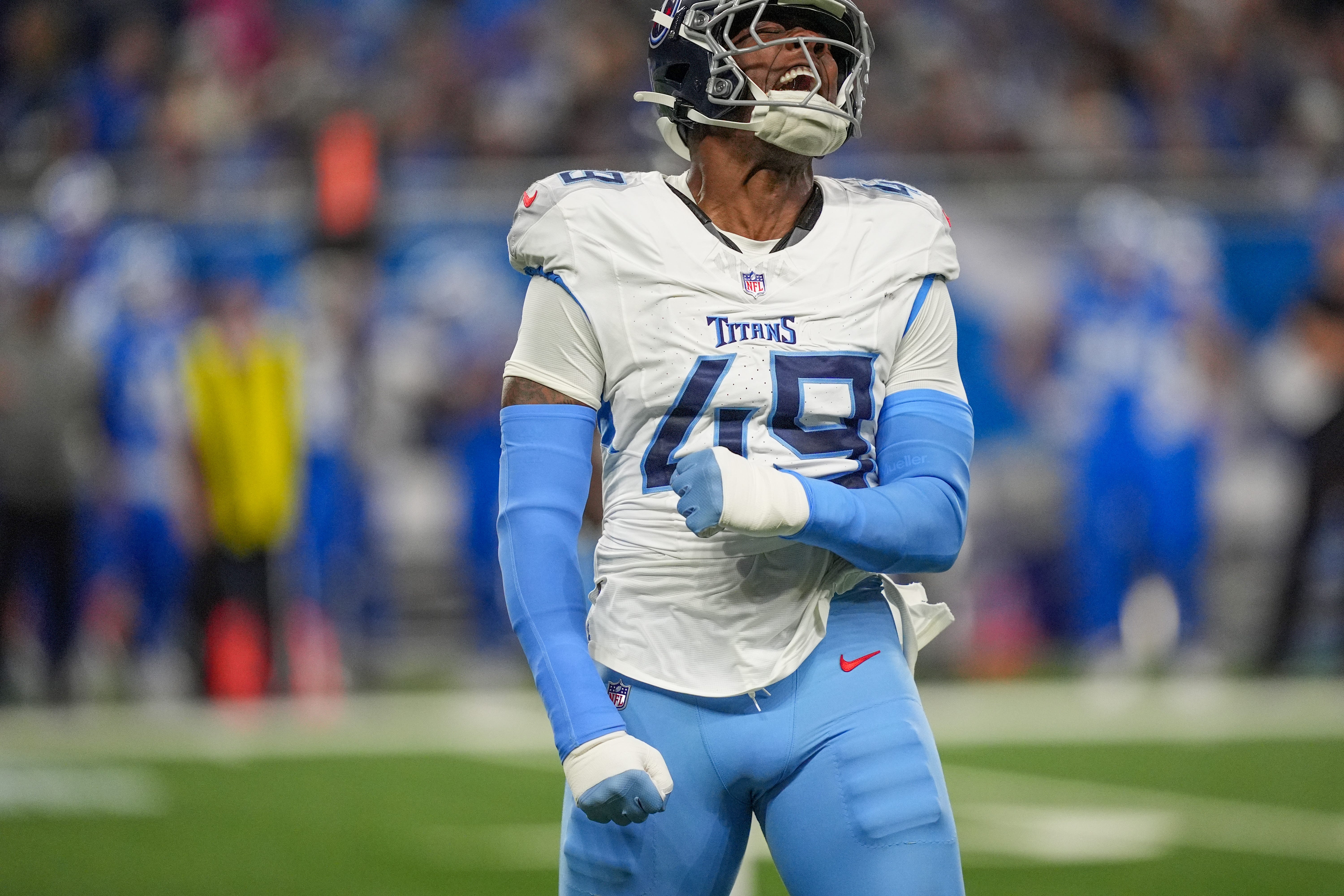 Tennessee Titans linebacker Arden Key (49) celebrates after sacking Detroit Lions quarterback Jared Goff (16) during the first play of the first quarter of the NFL game at Ford Field in Detroit on Oct... Kimberly P. Mitchell-USA TODAY NETWORK via Imagn Images
