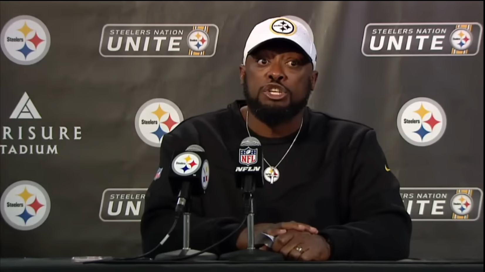 Pittsburgh Steelers HC Mike Tomlin addresses the media following 26-18 win over the New York Giants in Week 8 of 2024 season.
