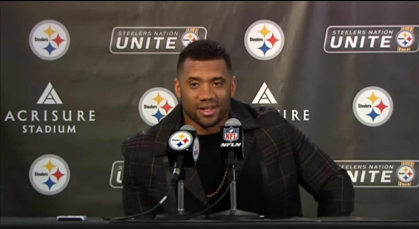 Pittsburgh Steelers QB Russell Wilson addresses the media following 26-18 win over New York Giants in Week 8 of 2024 NFL Season
