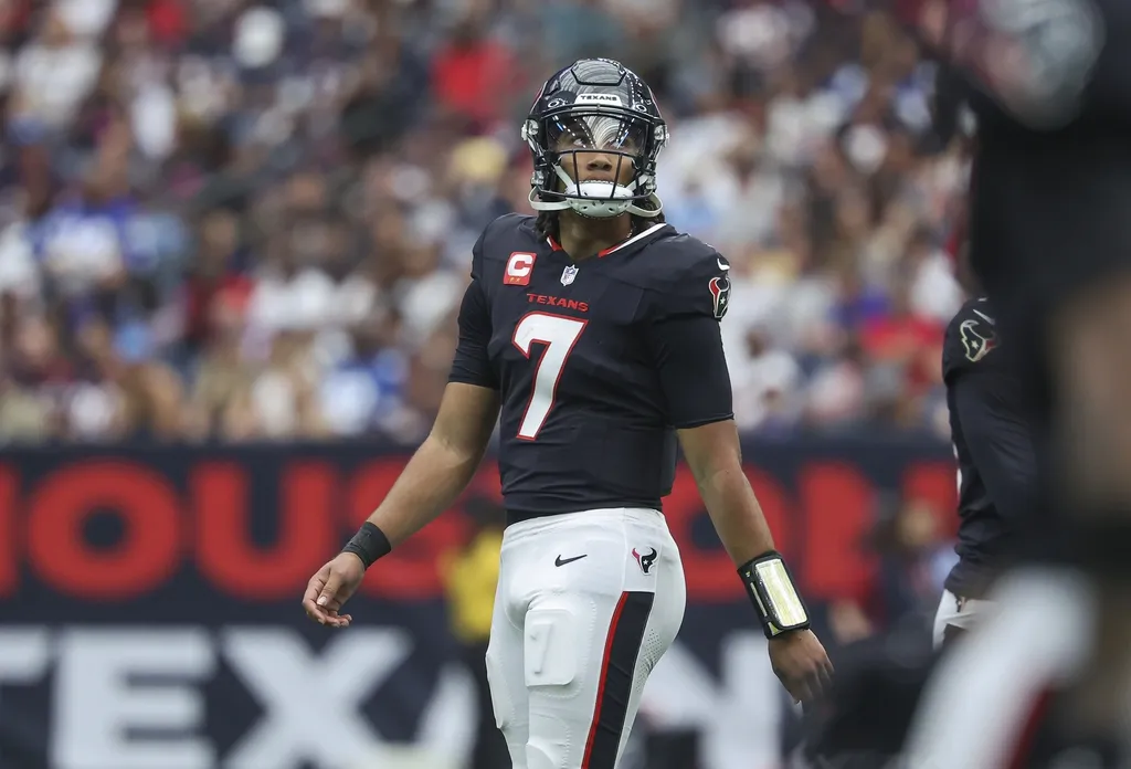 Houston Texans quarterback C.J. Stroud (7) looks up during the game against the Indianapolis Colts at NRG Stadium.