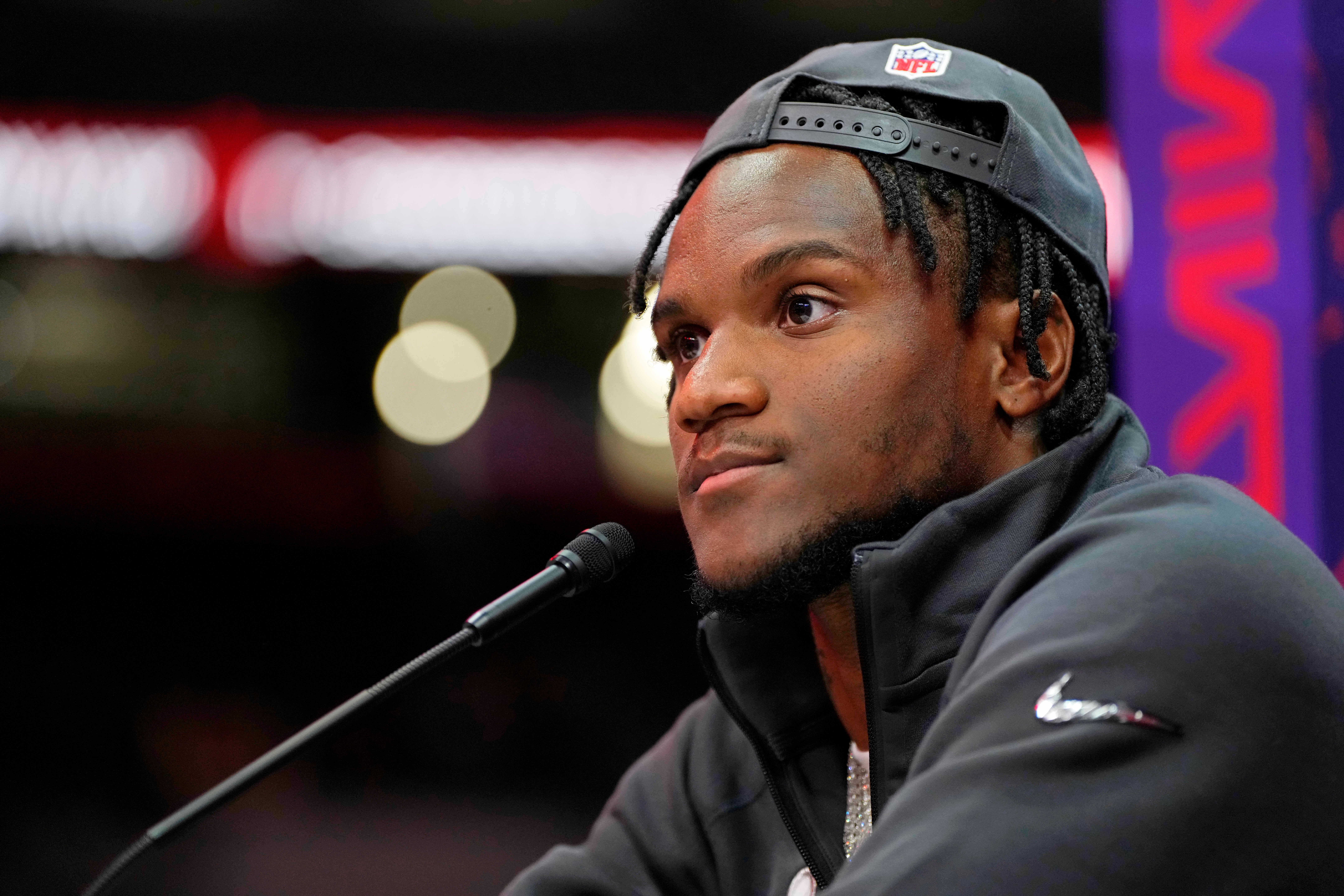 San Francisco 49ers cornerback Charvarius Ward (7) talks to the media during Super Bowl LVIII Opening Night at Allegiant Stadium.