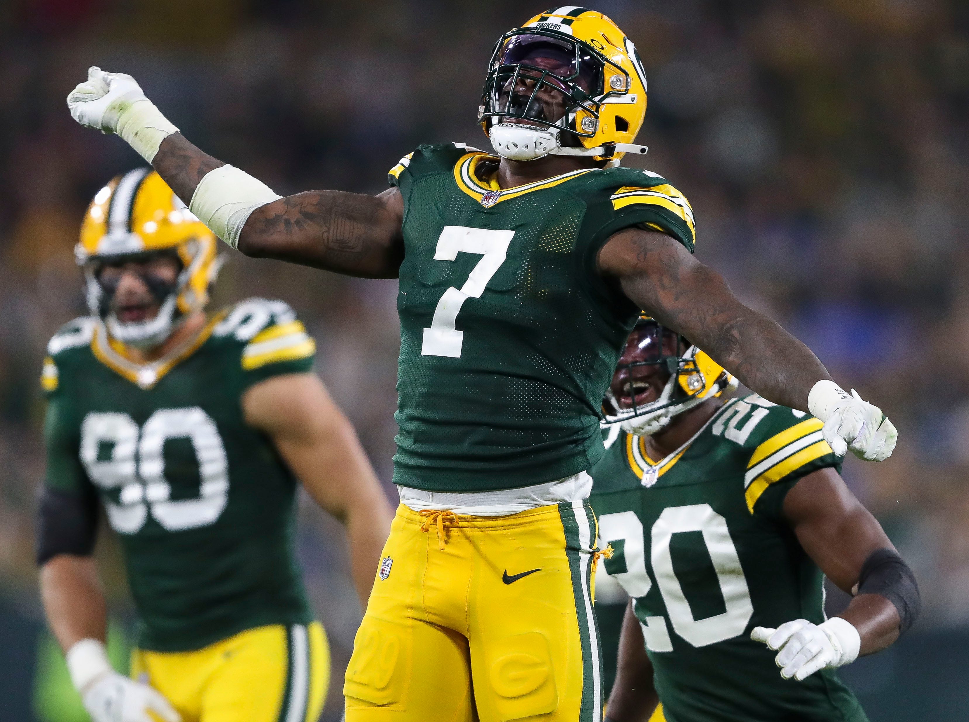 Green Bay Packers linebacker Quay Walker (7) celebrates after making a tackle for loss against the Detroit Lions during their football game on Thursday, September 28, 2023, at Lambeau Field in Green Bay, Wis.