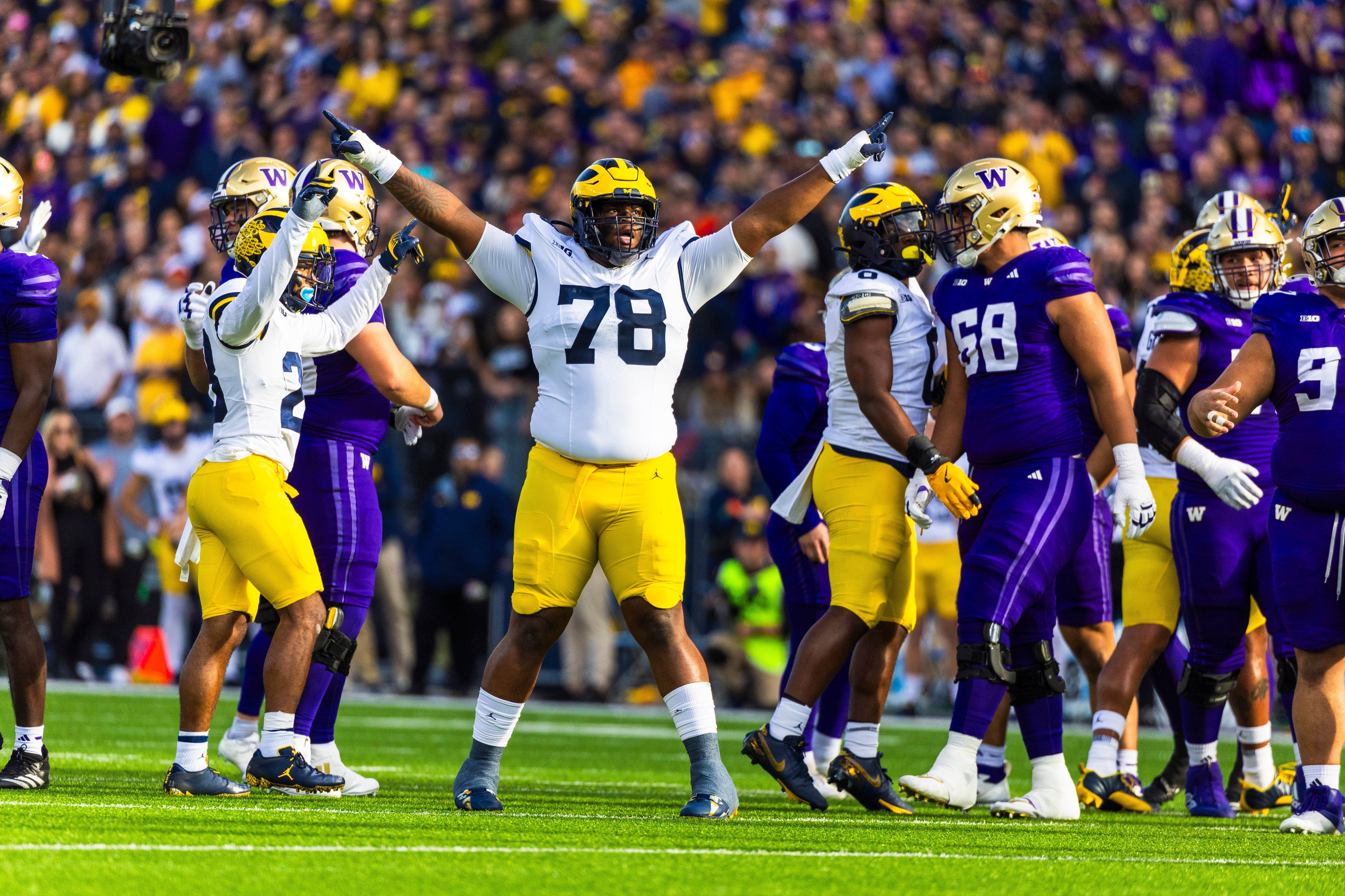 Michigan Wolverines defensive lineman Kenneth Grant (78) celebrates a missed field goal by the Washington Huskies, topic during the first quarter at Alaska Airlines Field at Husky Stadium.