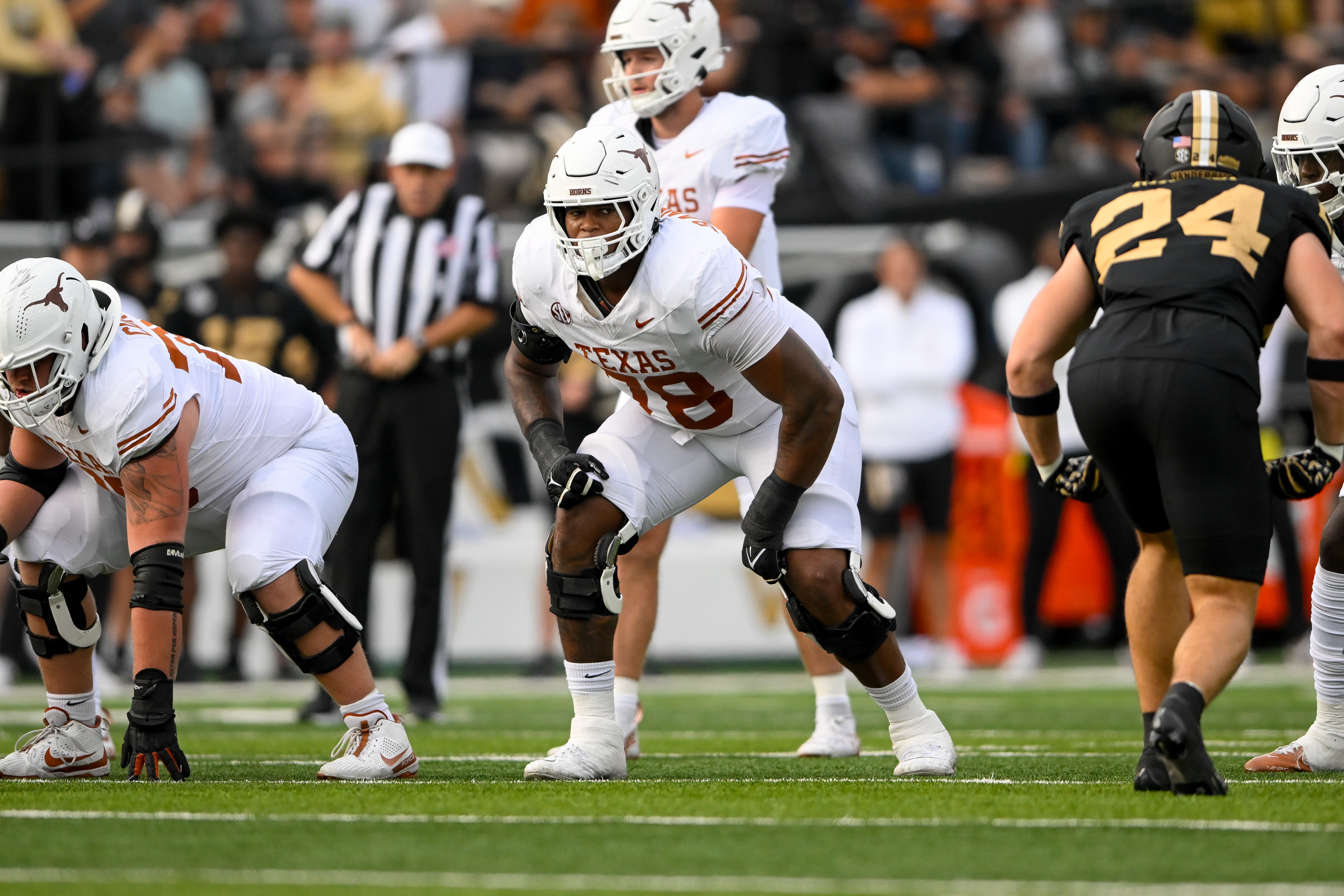 Oct 26, 2024; Nashville, Tennessee, USA; Texas Longhorns offensive lineman Kelvin Banks Jr. (78) against the Vanderbilt Commodores during the first half at FirstBank Stadium.