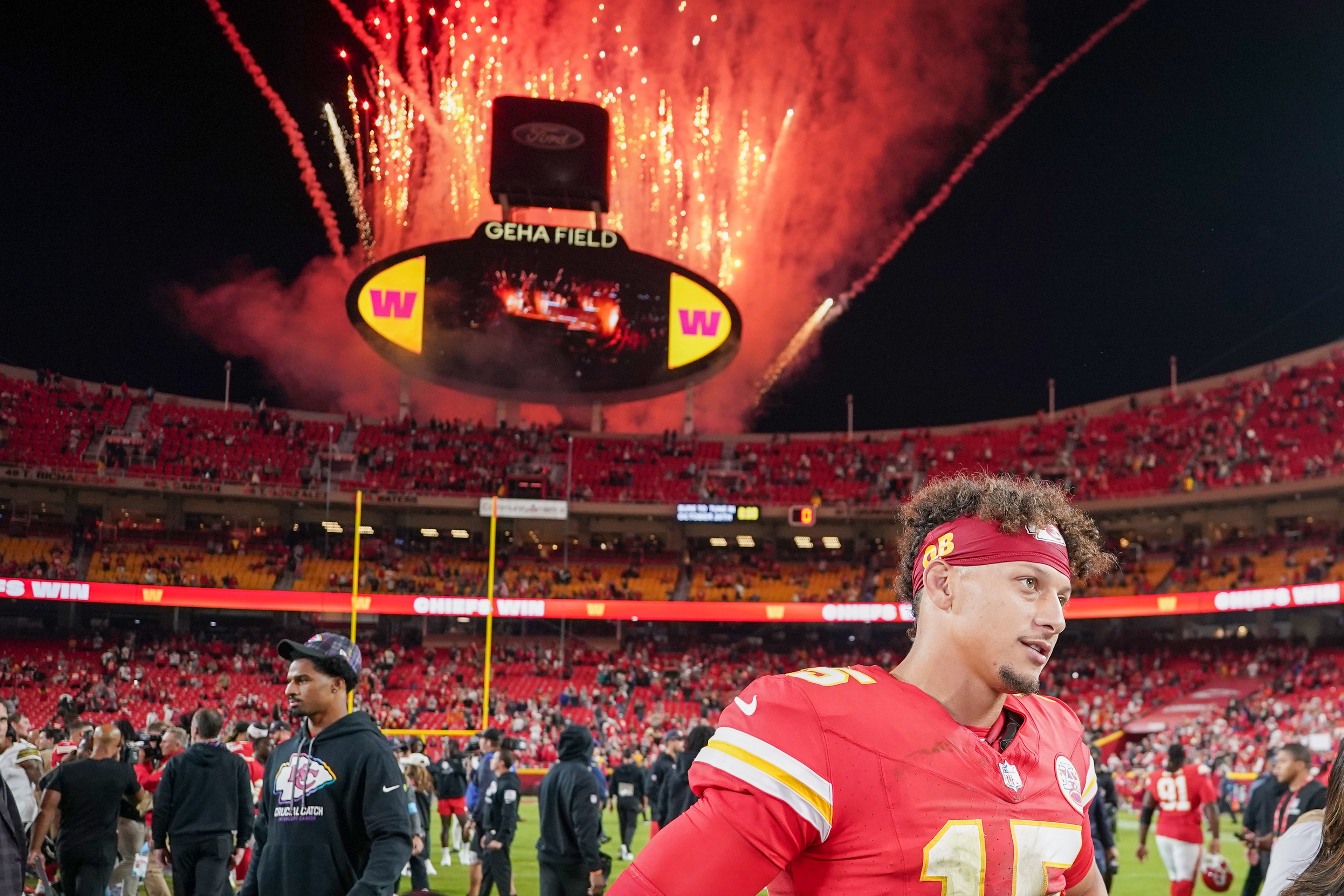 Oct 7, 2024; Kansas City, Missouri, USA; Kansas City Chiefs quarterback Patrick Mahomes (15) speaks with media after the win over the New Orleans Saints at GEHA Field at Arrowhead Stadium.