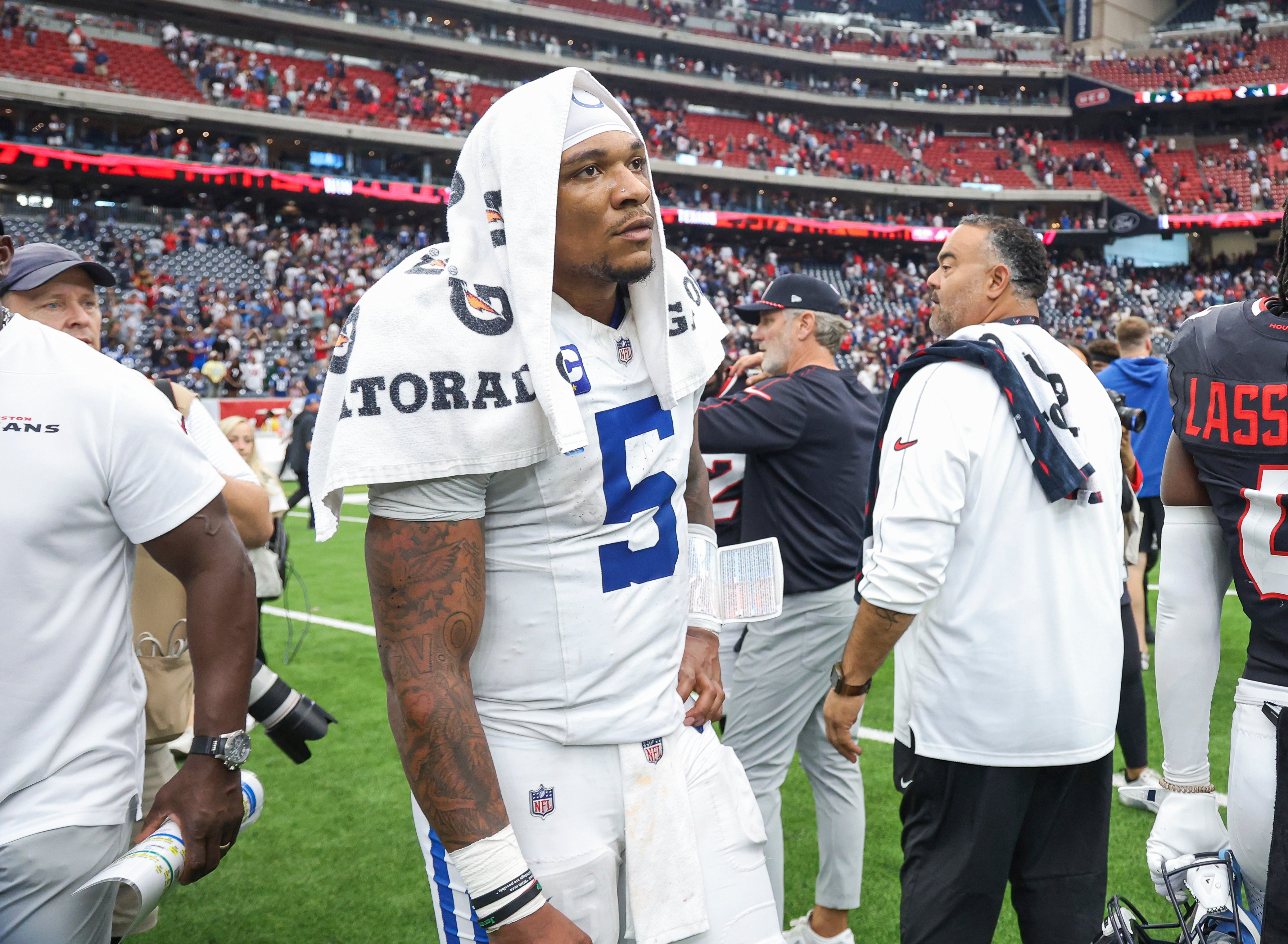 Oct 27, 2024; Houston, Texas, USA; Indianapolis Colts quarterback Anthony Richardson (5) reacts after the game against the Houston Texans at NRG Stadium.