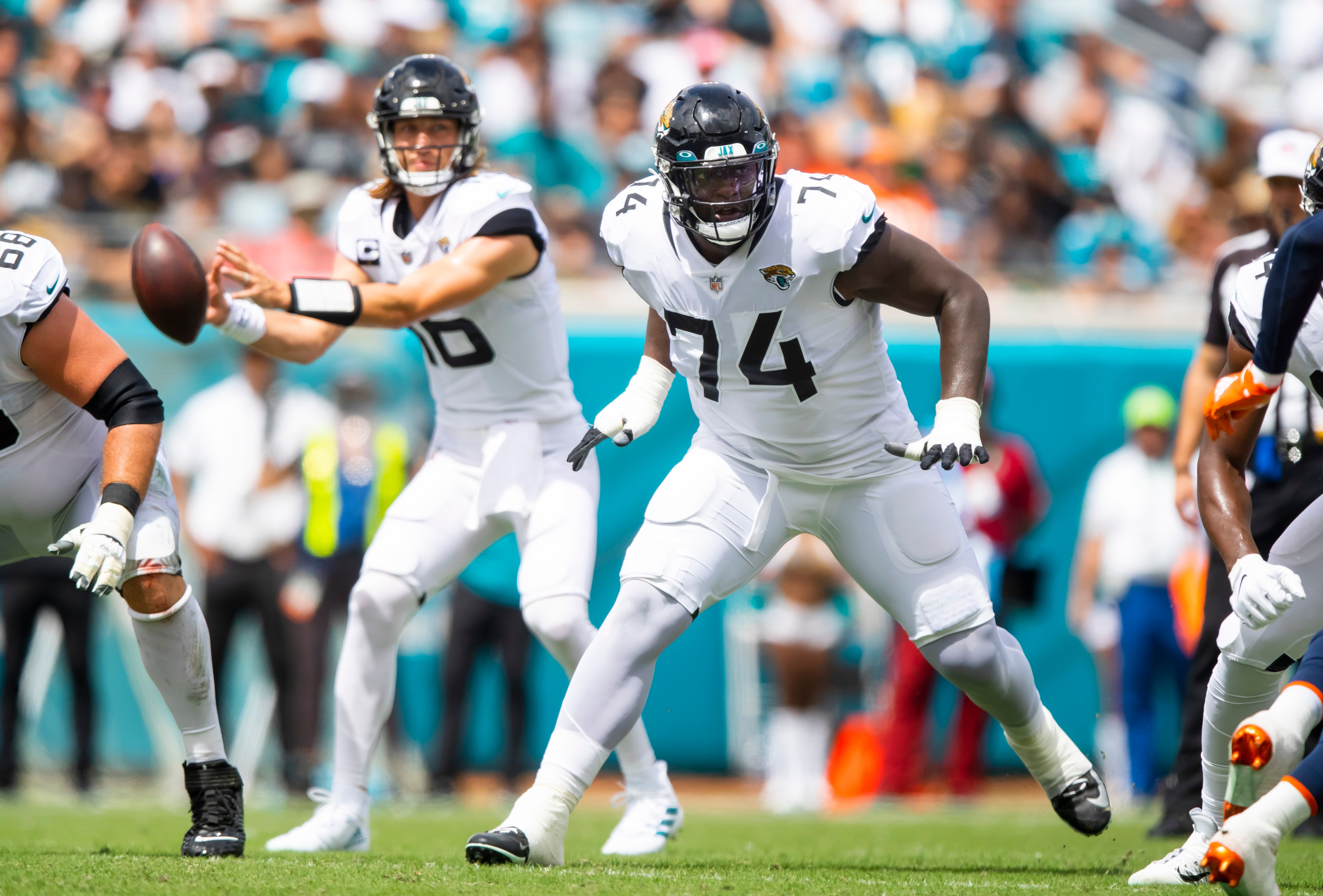 Sep 19, 2021; Jacksonville, Florida, USA; Jacksonville Jaguars offensive tackle Cam Robinson (74) against the Denver Broncos at TIAA Bank Field.