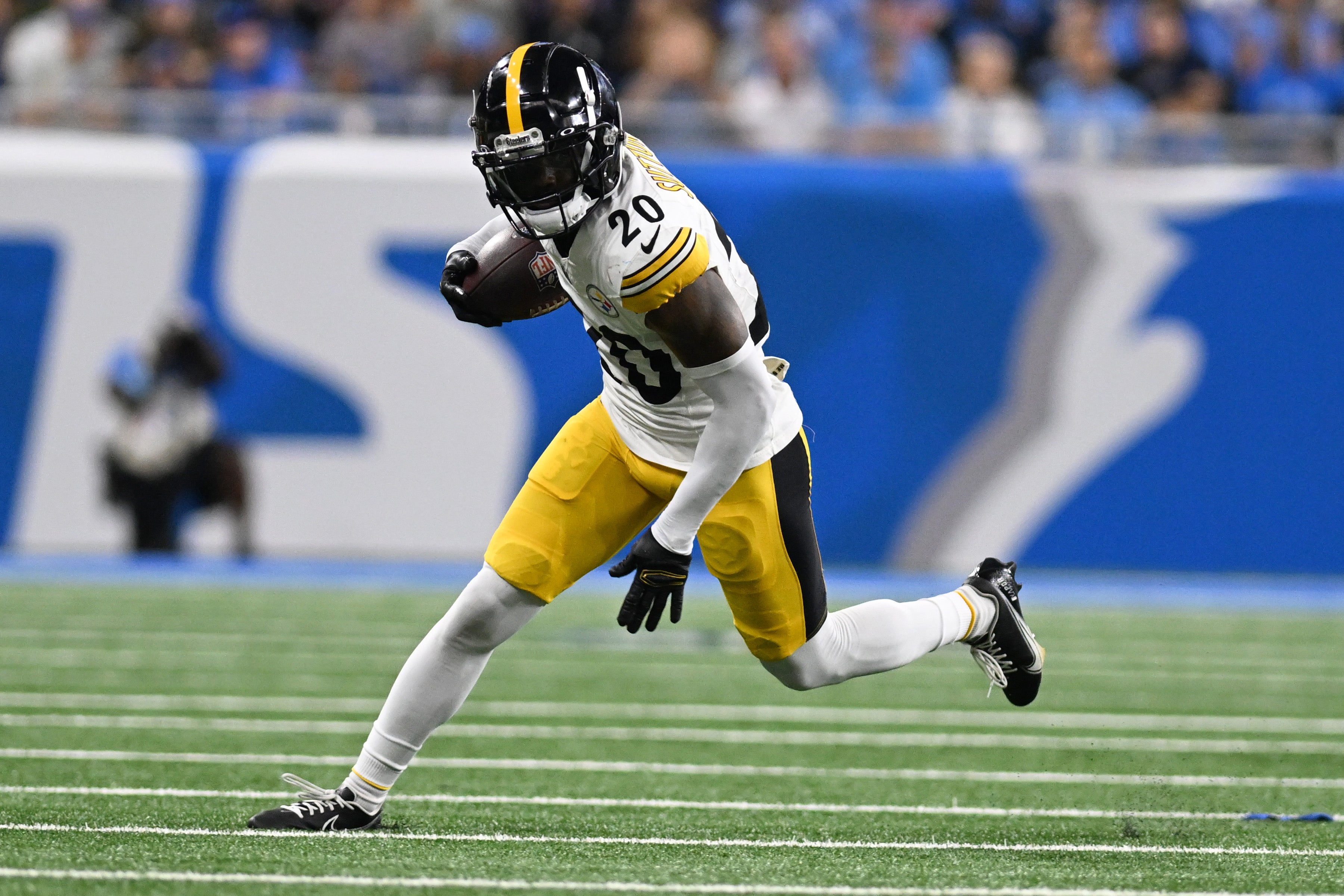 Aug 24, 2024; Detroit, Michigan, USA; Pittsburgh Steelers cornerback Cameron Sutton (20) runs upfield after intercepting a pass against the Detroit Lions in the third quarter at Ford Field.