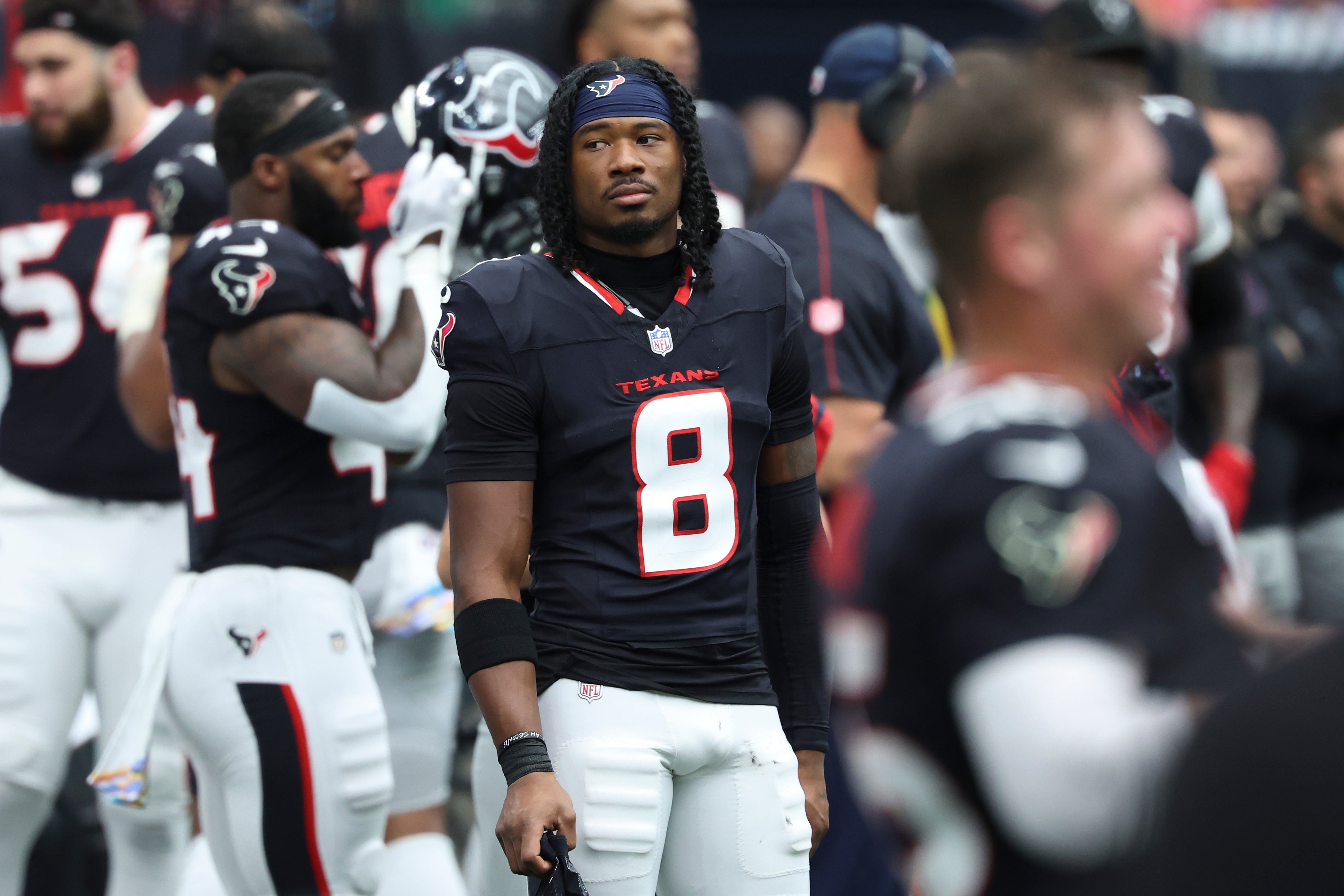 Sep 29, 2024; Houston, Texas, USA; Houston Texans wide receiver John Metchie III (8) during the game against the Jacksonville Jaguars at NRG Stadium.