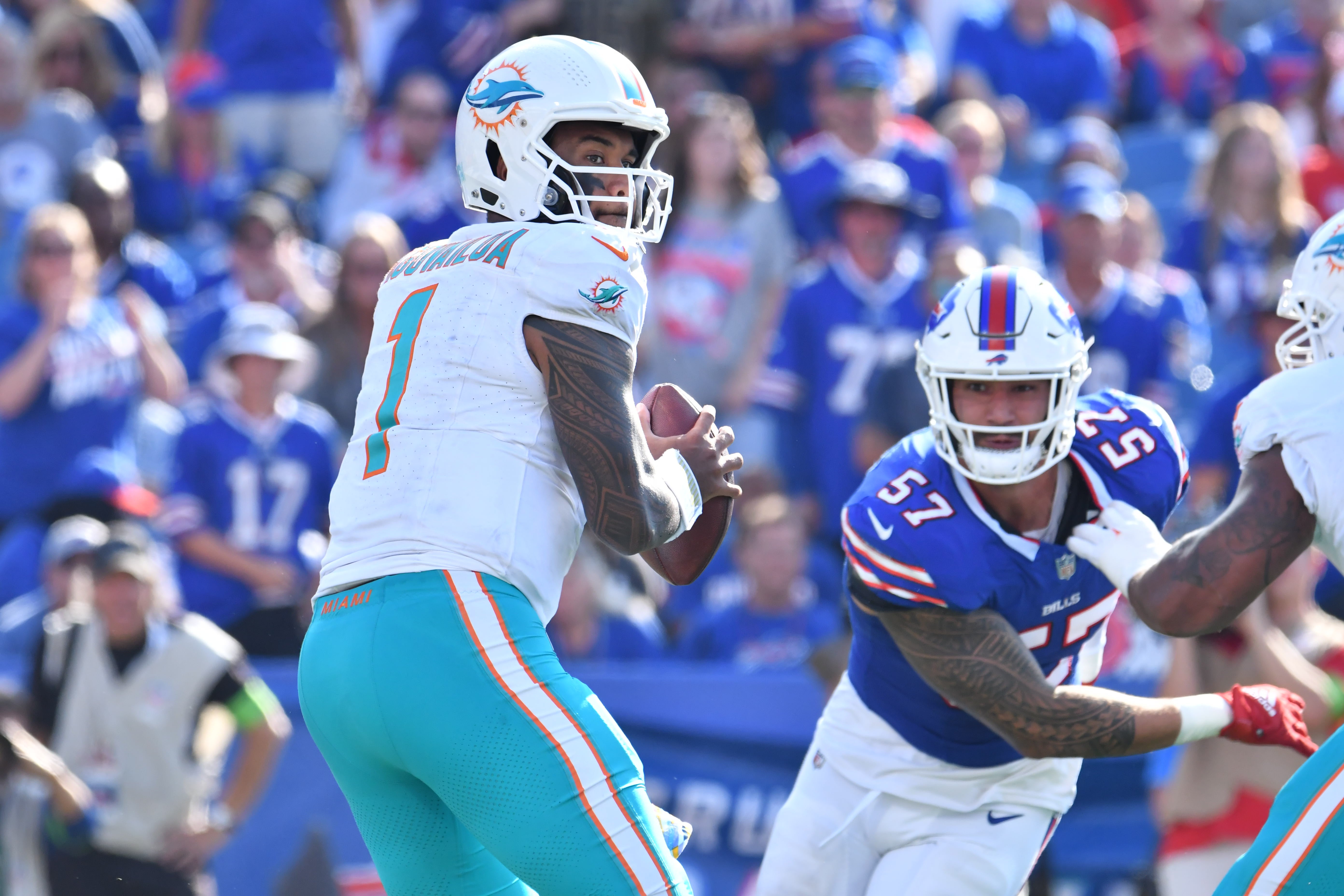 Oct 1, 2023; Orchard Park, New York, USA; Miami Dolphins quarterback Tua Tagovailoa (1) looks to throw a pass as Buffalo Bills defensive end AJ Epenesa (57) rushes in during the fourth quarter at Highmark Stadium.