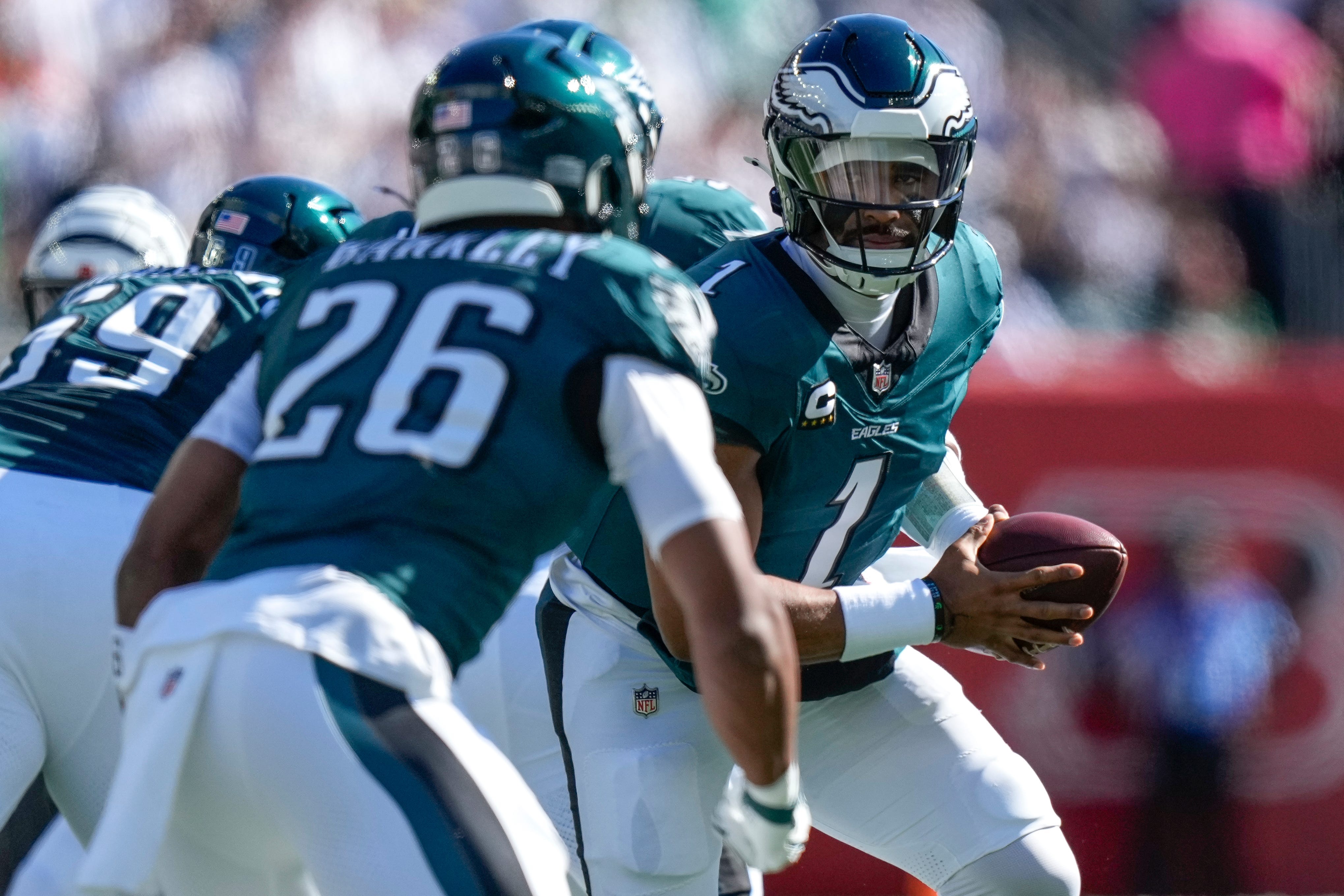 Philadelphia Eagles quarterback Jalen Hurts and running back Saquon Barkley are the top-ranked fantasy players at their positions over the remainder of the season.
