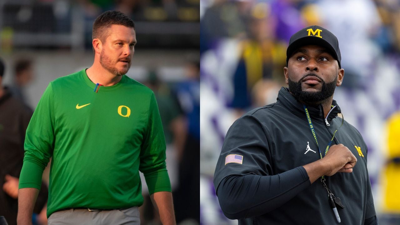 Dan Lanning (head coach Oregon) and Sherrone Moore (head coach Michigan)