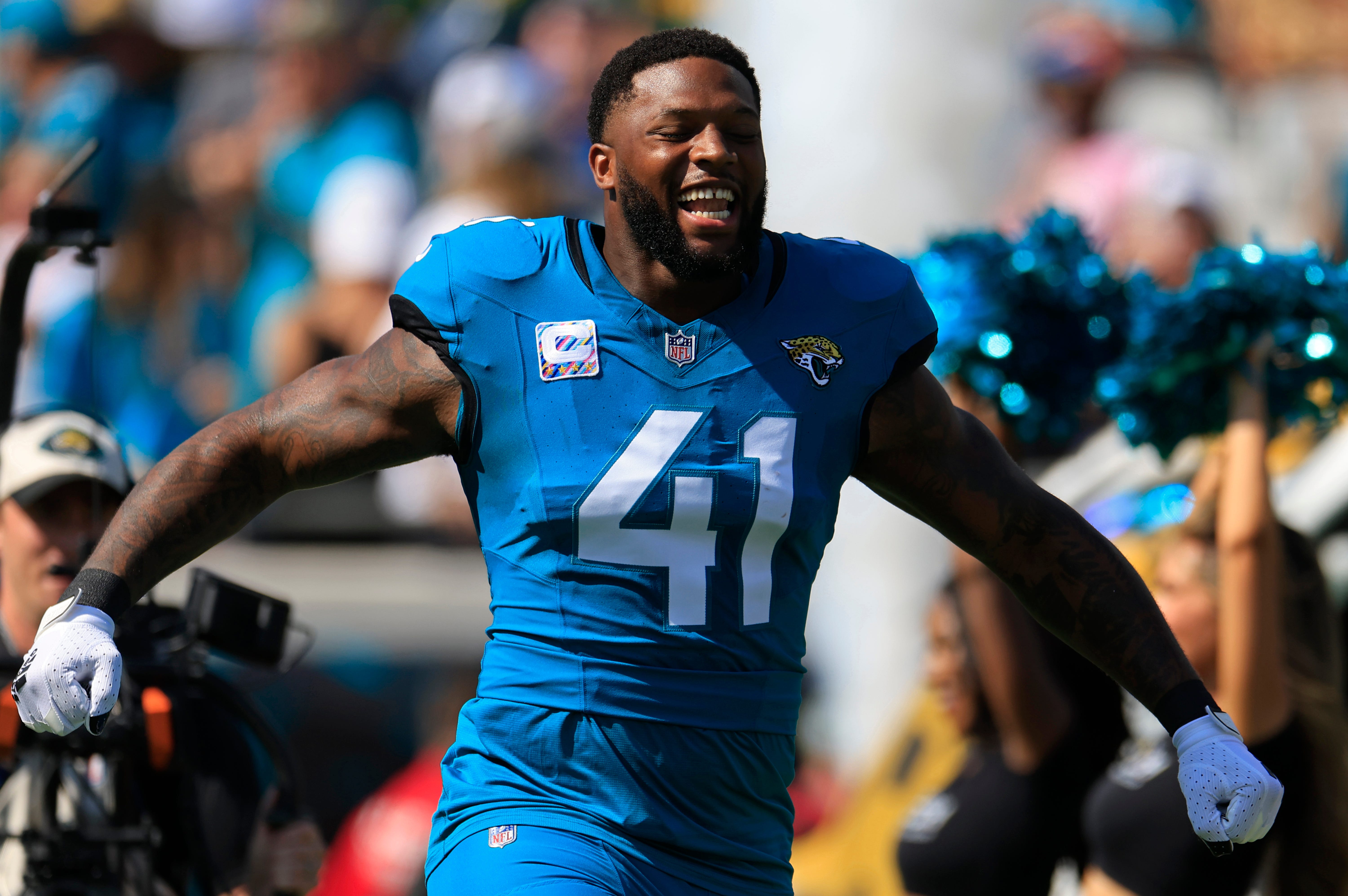 Jacksonville Jaguars defensive end Josh Hines-Allen (41) is introduced before an NFL football matchup Sunday, Oct. 27, 2024 at EverBank Stadium in Jacksonville, Fla. The Packers edged the Jaguars 30-27 on a last-second field goal.