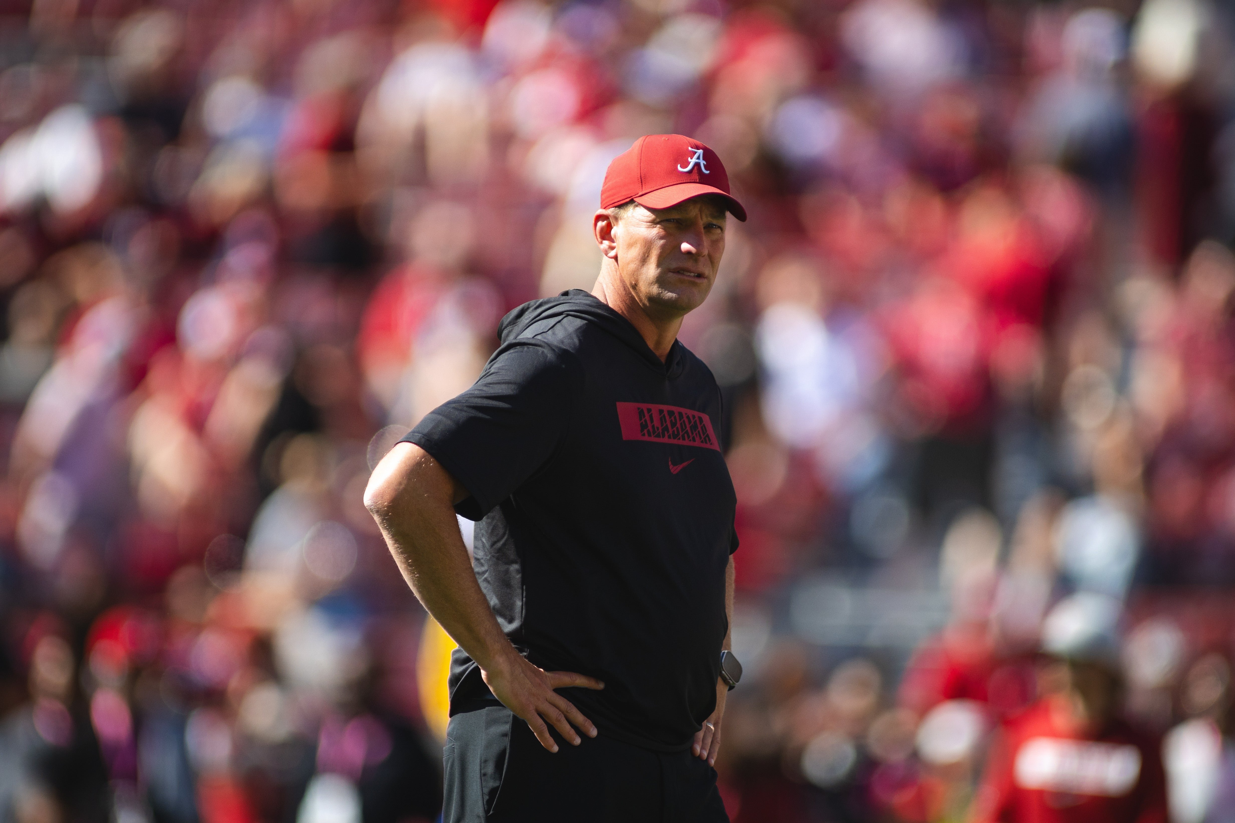 Oct 26, 2024; Tuscaloosa, Alabama, USA; Alabama Crimson Tide head coach Kalen DeBoer walks along the field during warmups before a game against the Missouri Tigers at Bryant-Denny Stadium.