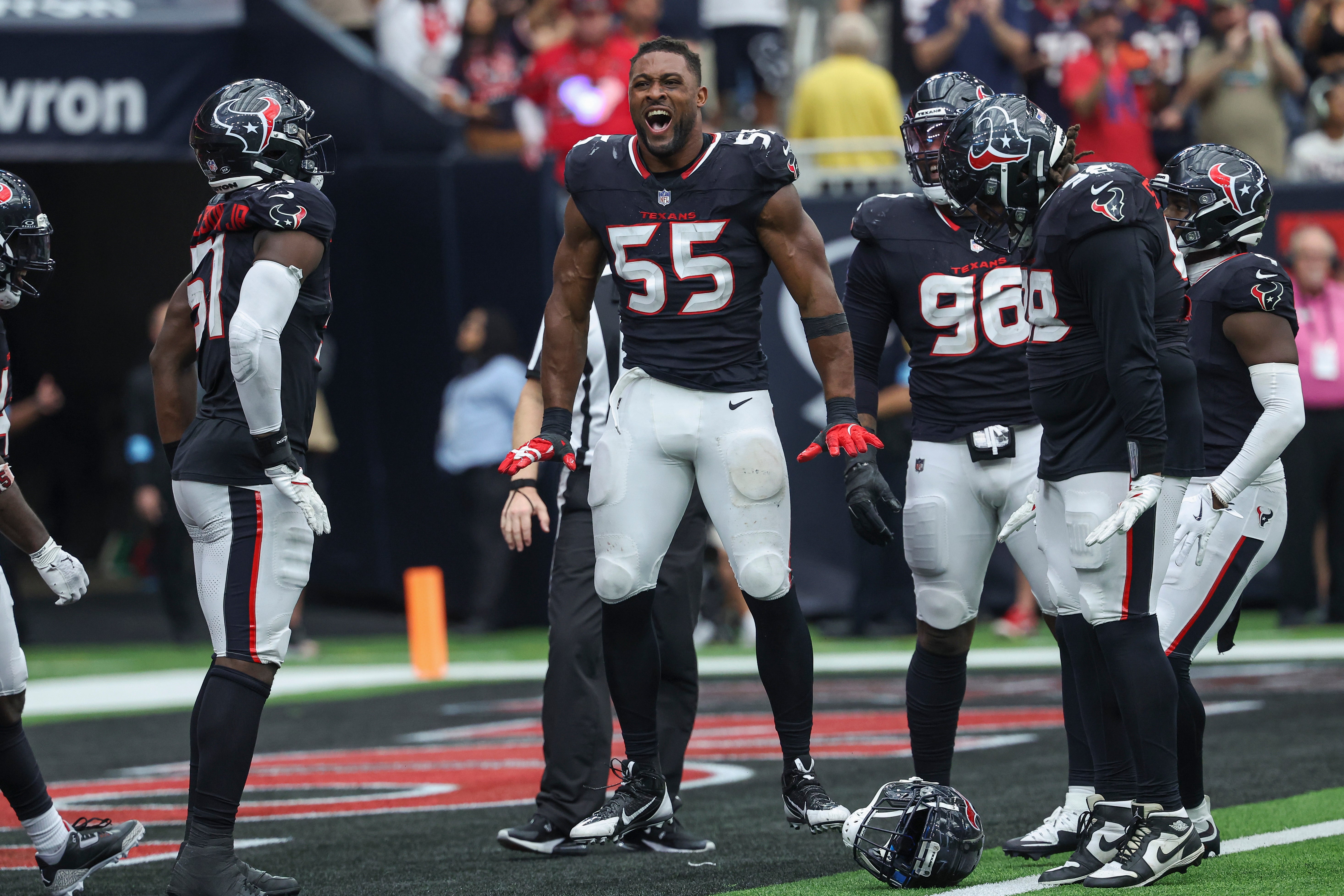 Oct 27, 2024; Houston, Texas, USA; Houston Texans defensive end Danielle Hunter (55) celebrates after a play during the game against the Indianapolis Colts at NRG Stadium.