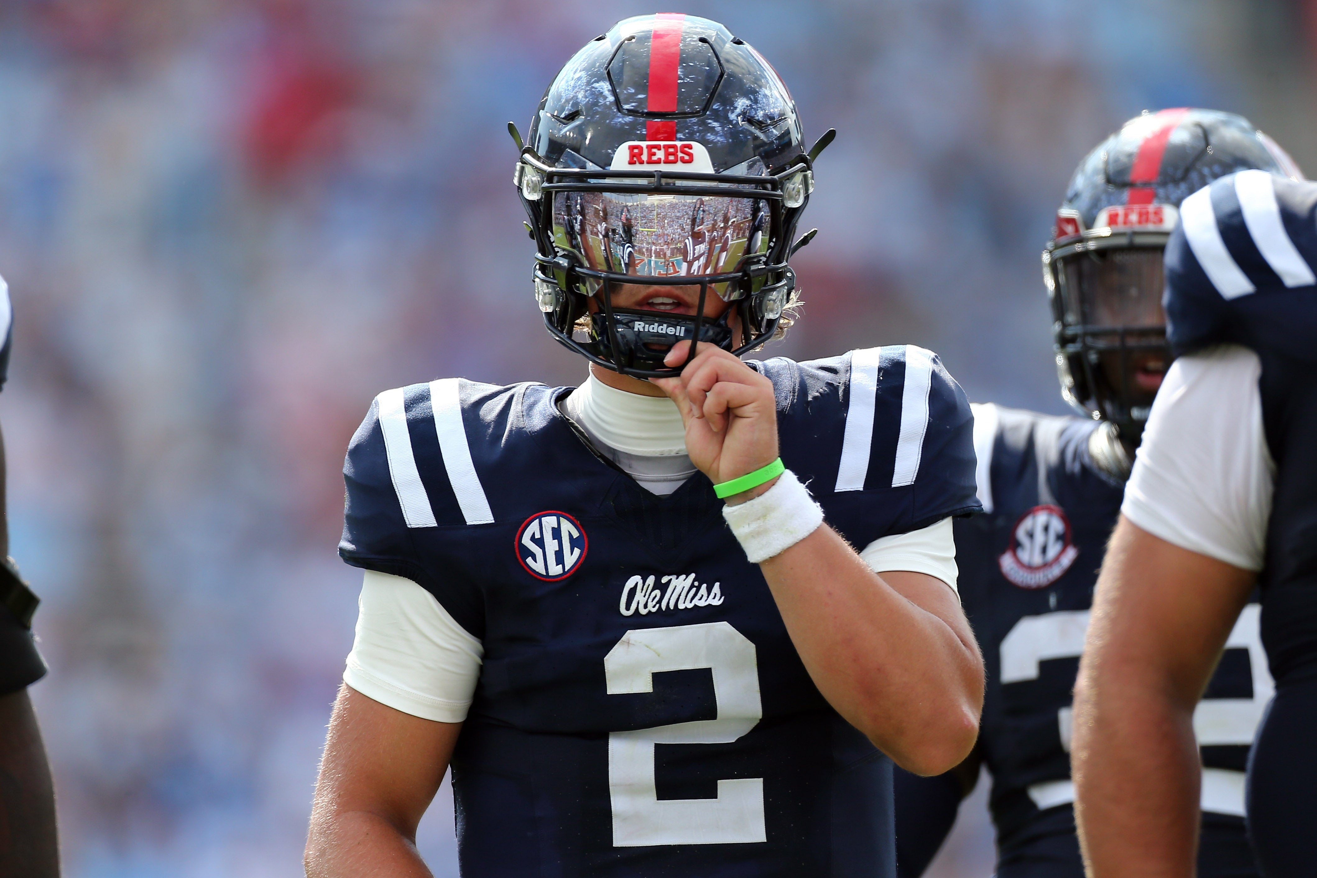 Oct 26, 2024; Oxford, Mississippi, USA; Mississippi Rebels quarterback Jaxson Dart (2) looks on during the second half against the Oklahoma Sooners at Vaught-Hemingway Stadium.