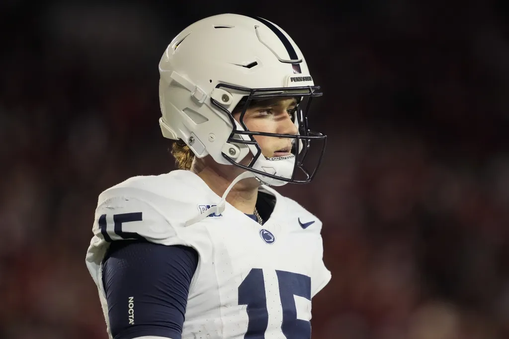 Penn State Nittany Lions quarterback Drew Allar (15) during the game against the Wisconsin Badgers at Camp Randall Stadium.