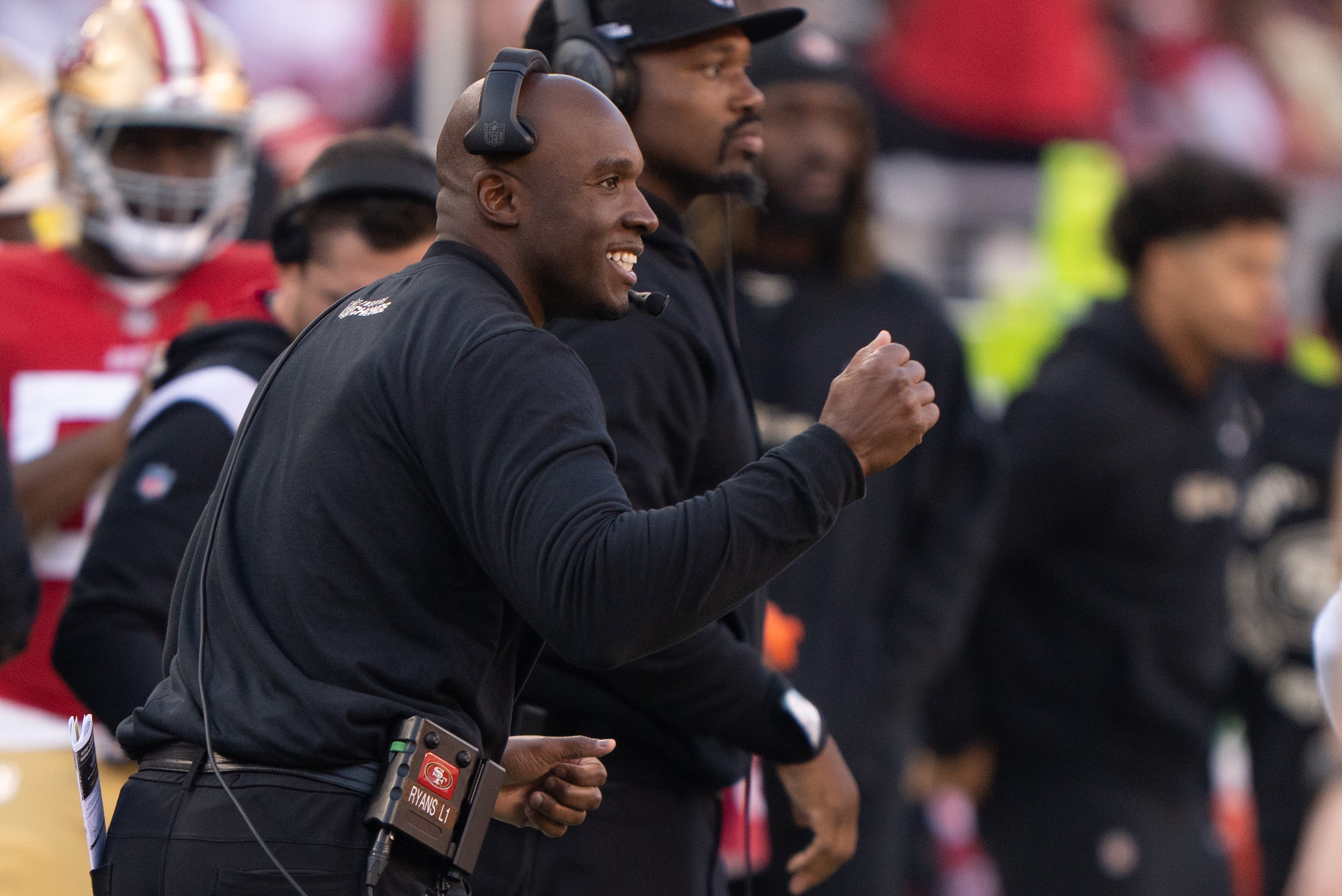 San Francisco 49ers defensive coordinator DeMeco Ryans reacts during the third quarter against the Washington Commanders at Levi's Stadium.