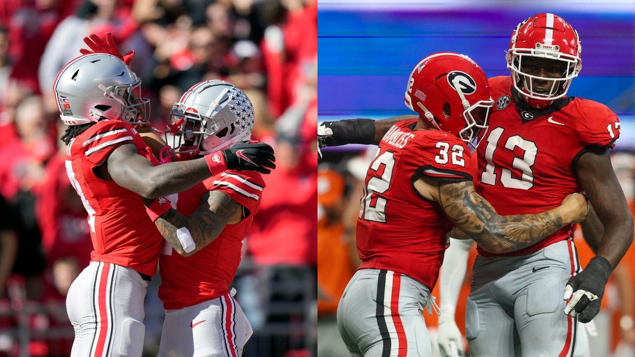 Jeremiah Smith and Emeka Egbuka of Ohio State celebrate a touchdown. Mykel Williams and Chaz Chambliss of Georgia celebrate a huge defensive play.