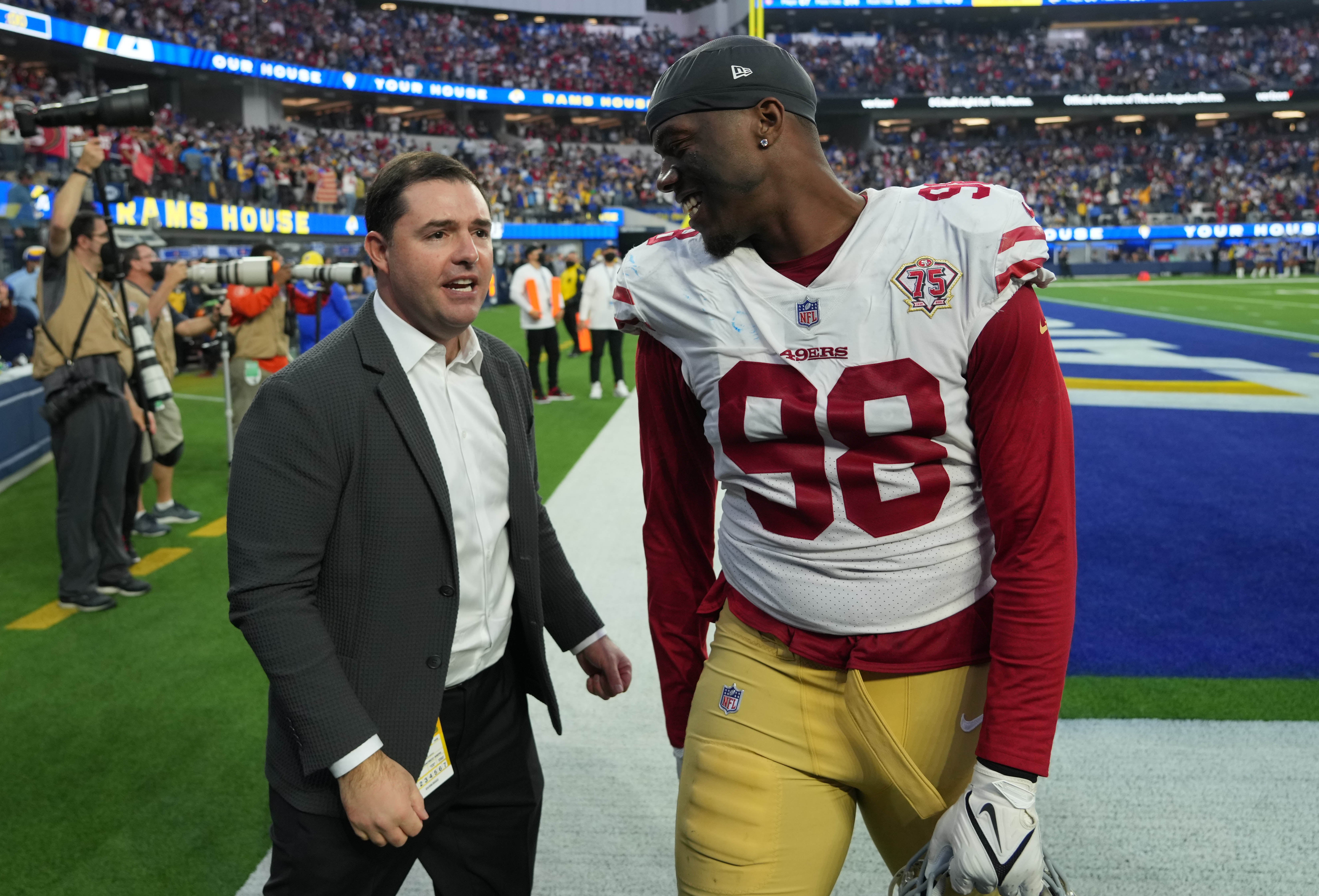 San Francisco 49ers defensive end Arden Key (98) with president Jed York after the game against the Los Angeles Rams at SoFi Stadium.