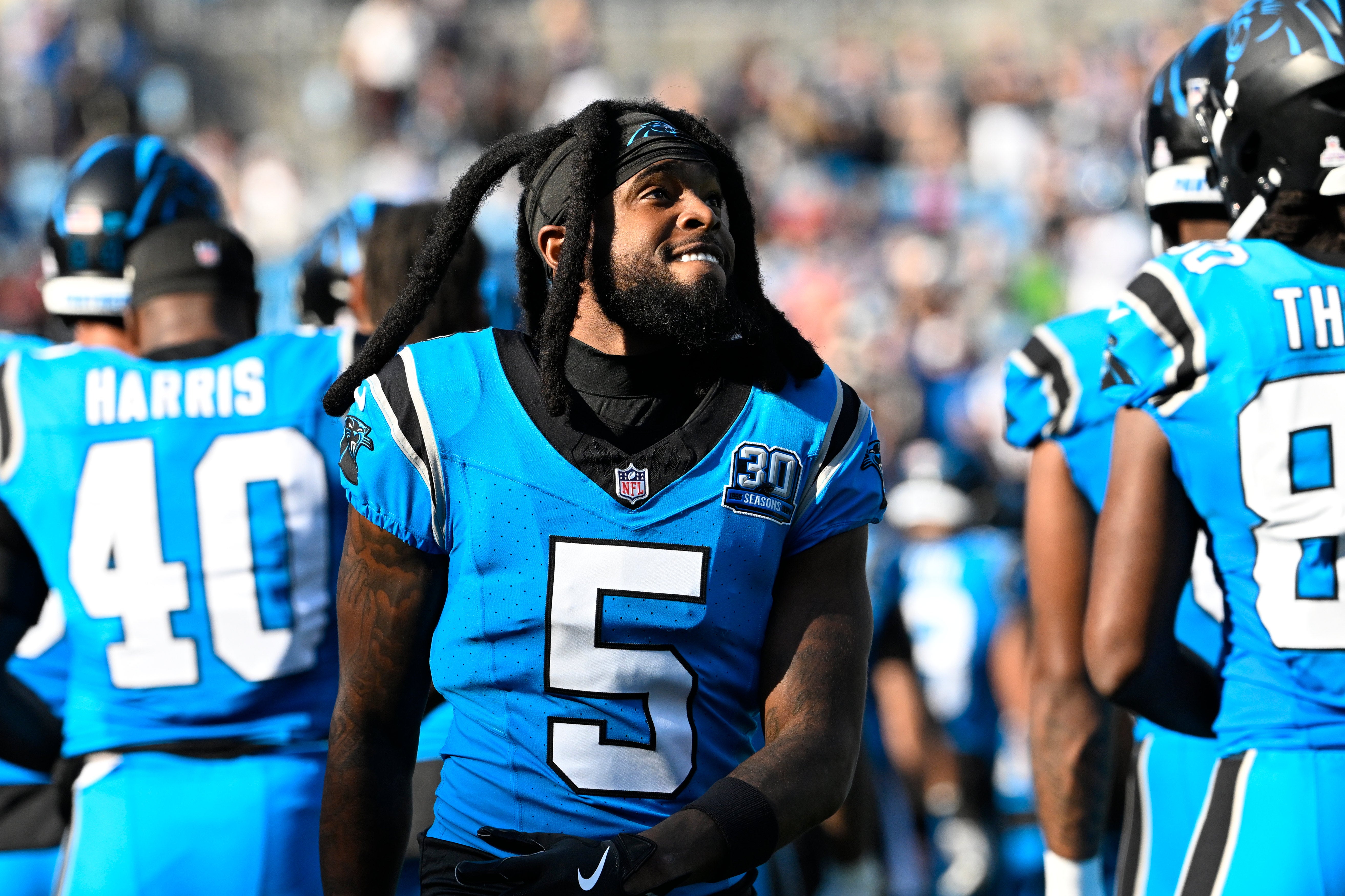 Oct 13, 2024; Charlotte, North Carolina, USA; Carolina Panthers wide receiver Diontae Johnson (5) before the game at Bank of America Stadium.