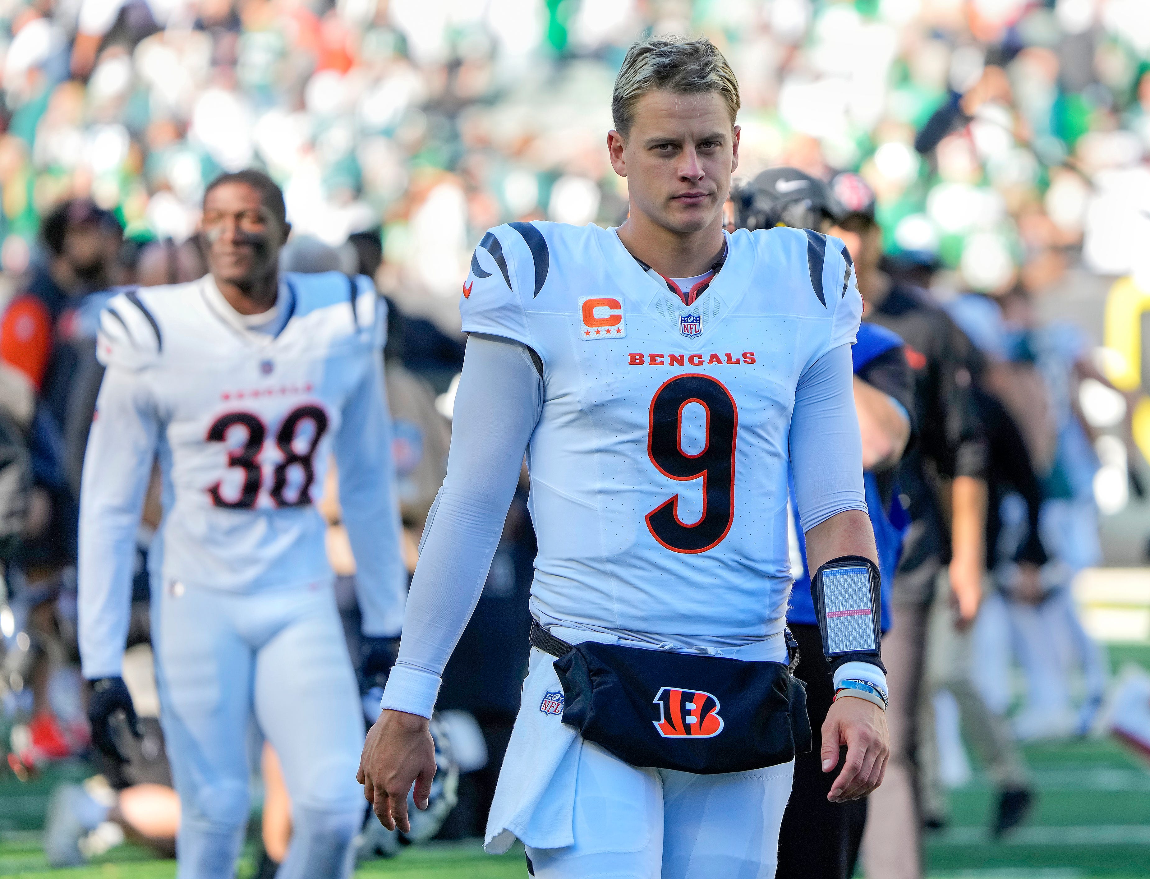 Cincinnati Bengals quarterback Joe Burrow (9) walks off the field at Paycor Stadium on Sunday October 27, 2024. The Bengals lost to the Philadelphia Eagles 37-17 and remain winless at home.