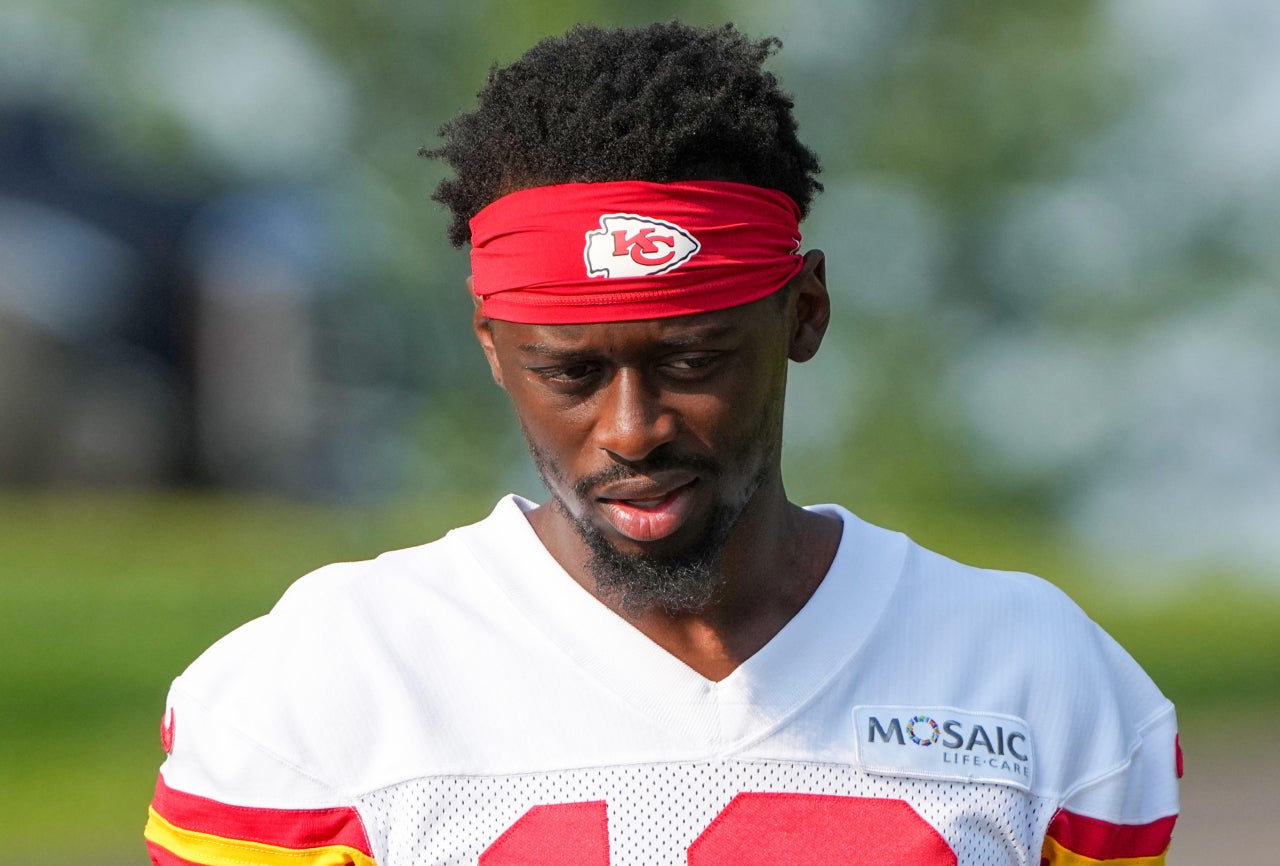 Jul 22, 2024; St. Joseph, MO, USA; Kansas City Chiefs safety Nazeeh Johnson (13) walks down the hill from the locker room to the fields prior to training camp at Missouri Western State University.