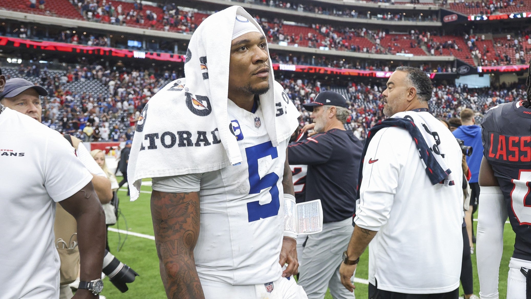 Oct 27, 2024; Houston, Texas, USA; Indianapolis Colts quarterback Anthony Richardson (5) reacts after the game against the Houston Texans at NRG Stadium.