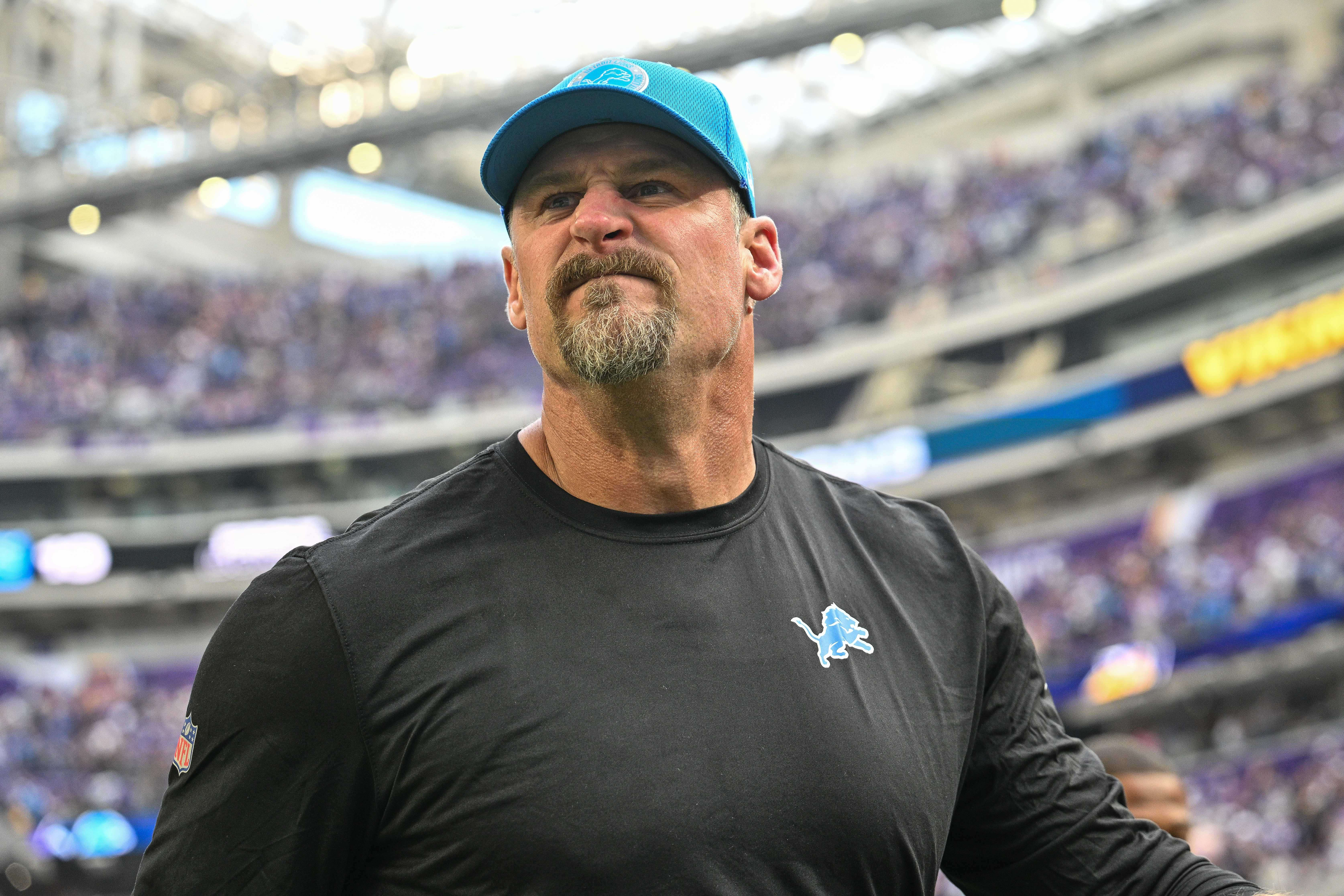Oct 20, 2024; Minneapolis, Minnesota, USA; Detroit Lions head coach Dan Campbell leaves the field after the game against the Minnesota Vikings at U.S. Bank Stadium. Mandatory Credit: Jeffrey Becker-Imagn Images