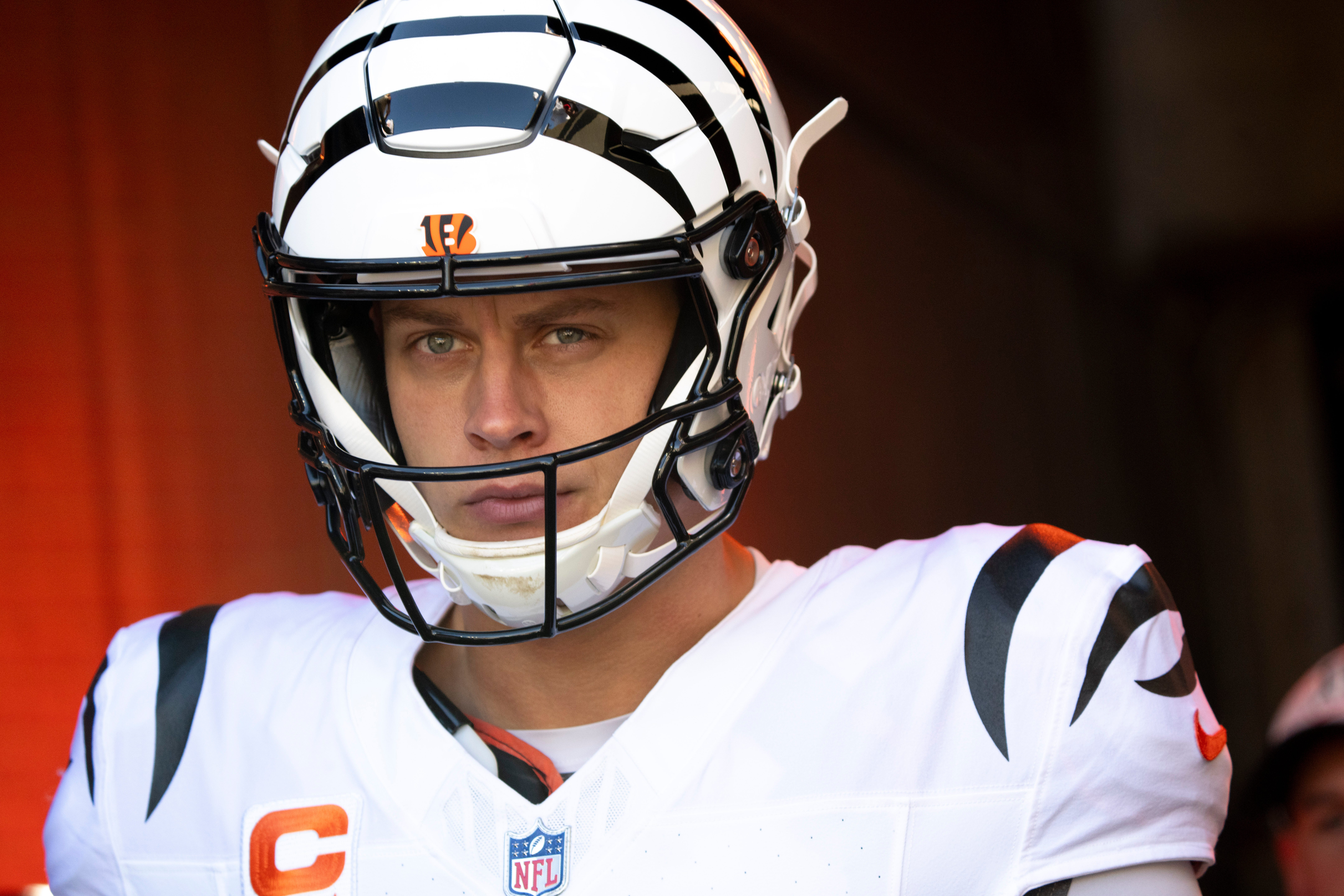 Cincinnati Bengals quarterback Joe Burrow (9) walks onto the field before the NFL game against the Philadelphia Eagles at Paycor Stadium in Cincinnati on Sunday, Oct. 27, 2024.