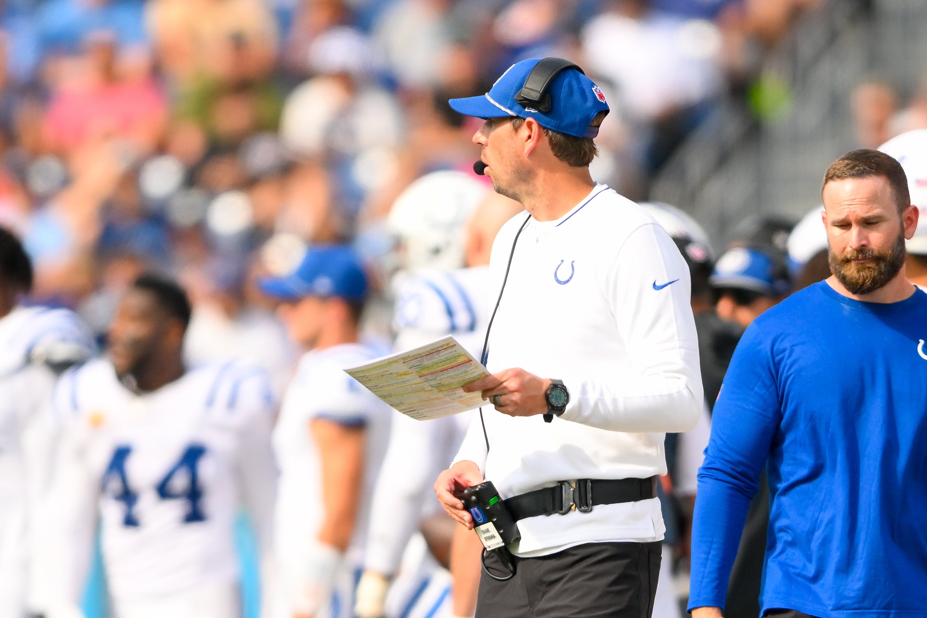 Oct 13, 2024; Nashville, Tennessee, USA; Indianapolis Colts head coach Shane Steichen paces the sidelines against the Tennessee Titans during the second half during the second half at Nissan Stadium.