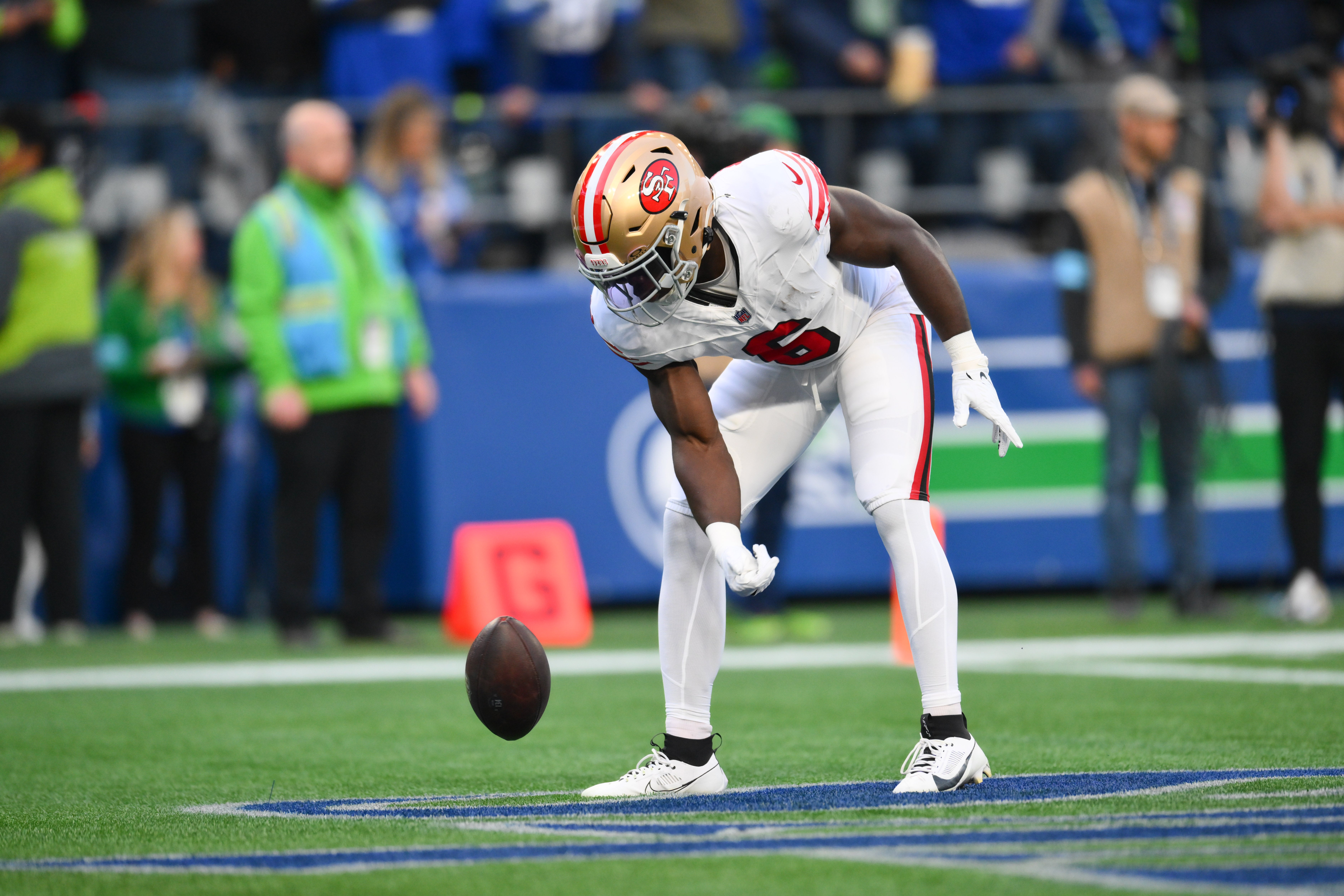 San Francisco 49ers safety Malik Mustapha (6) celebrates after intercepting the ball against the Seattle Seahawks during the first half at Lumen Field.