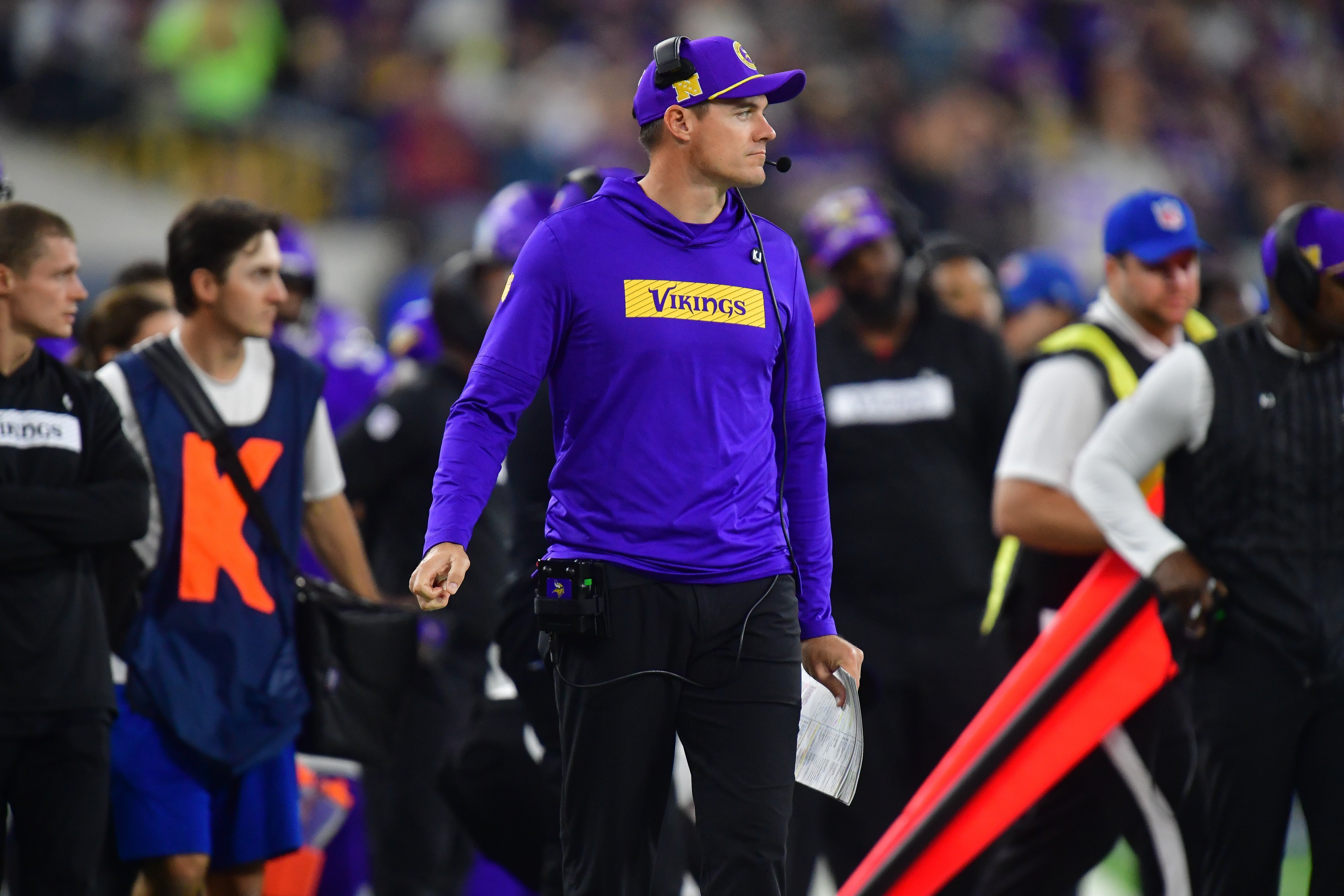 Oct 24, 2024; Inglewood, California, USA; Minnesota Vikings head coach Kevin O'Connell watches game action against the Los Angeles Rams during the second half at SoFi Stadium.