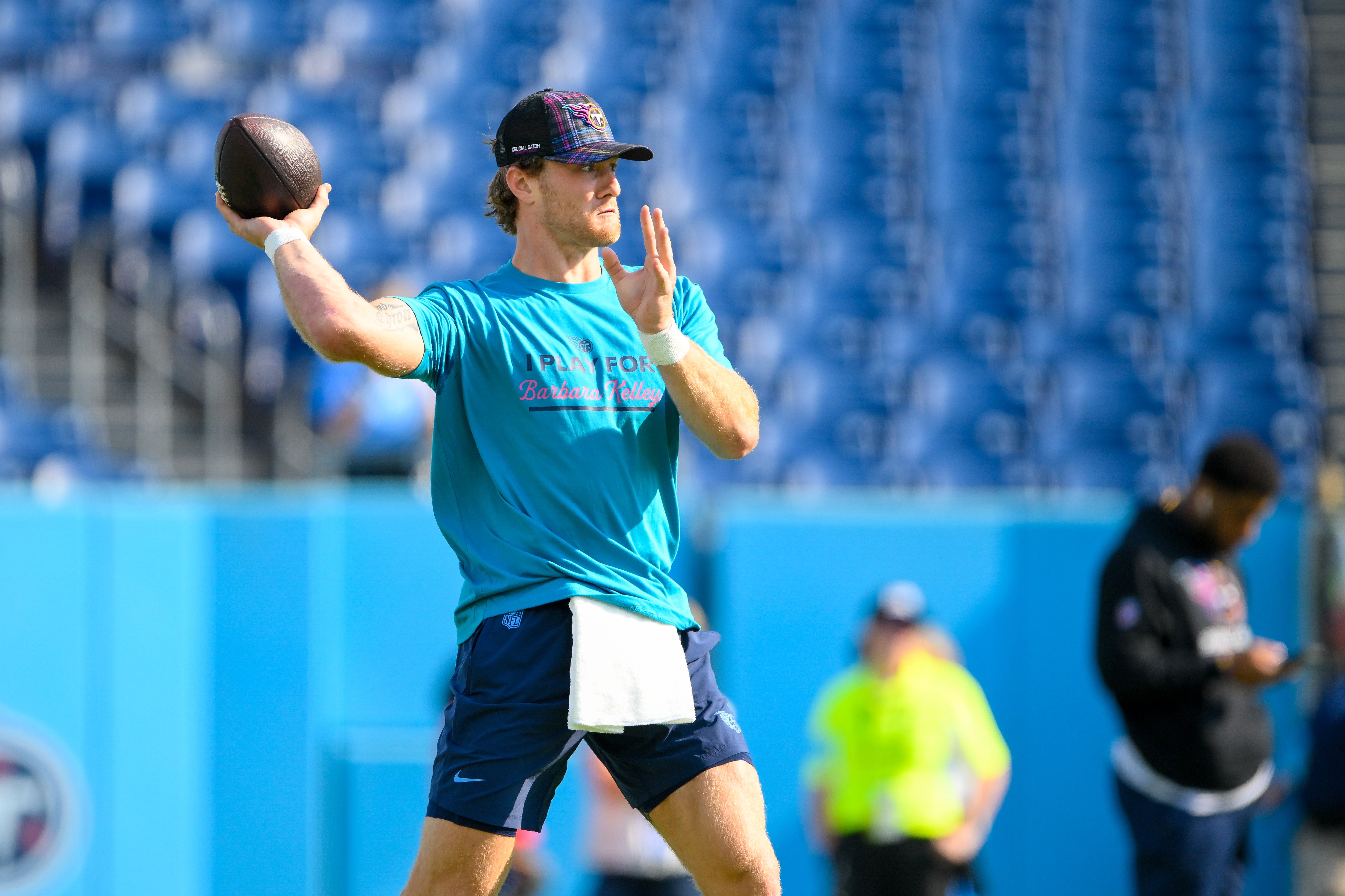 Tennessee Titans quarterback Will Levis (8) during pregame warmups against the Indianapolis Colts at Nissan Stadium. Steve Roberts-Imagn Images