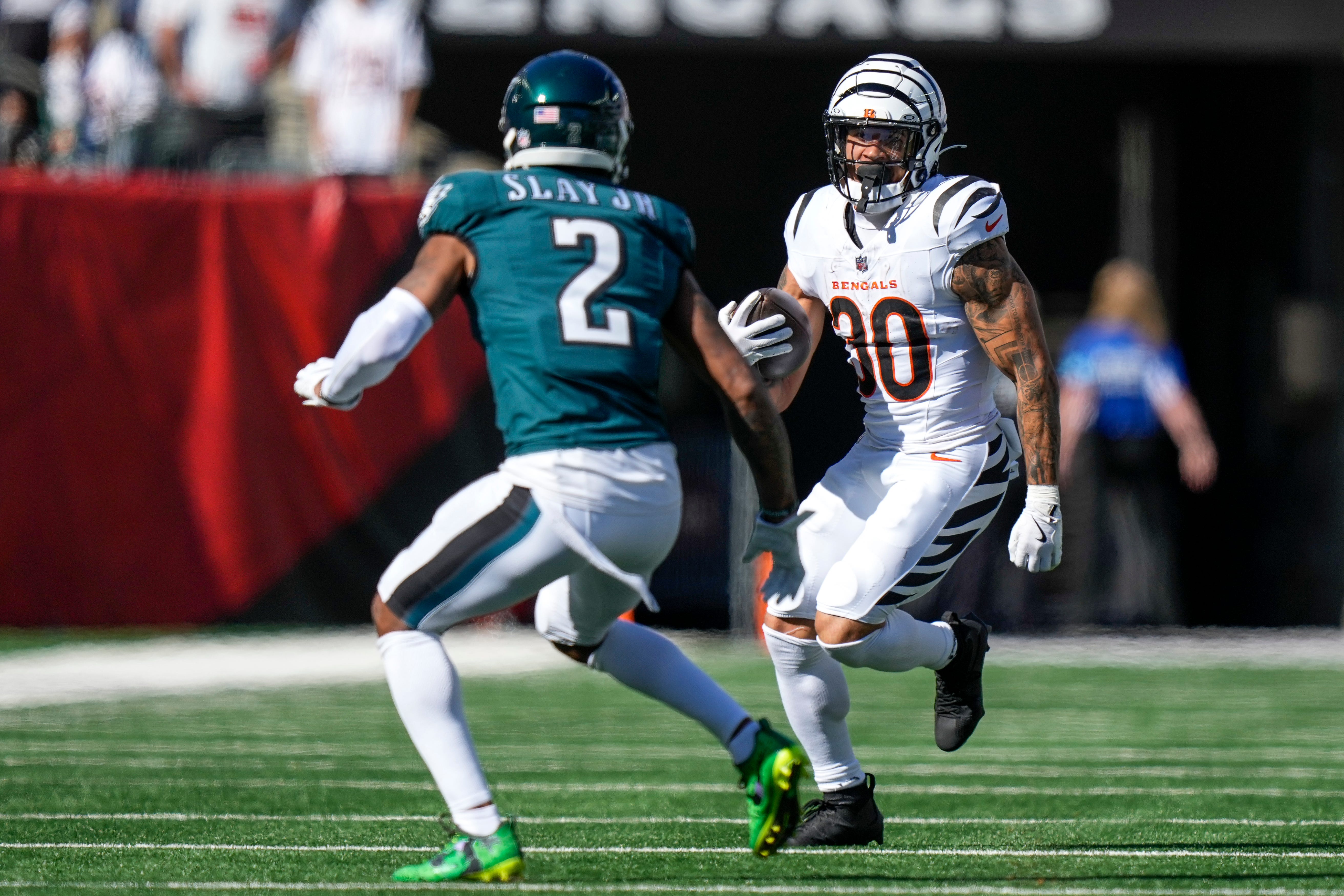 Cincinnati Bengals wide receiver Andrei Iosivas (80) runs against Philadelphia Eagles cornerback Darius Slay Jr. (2) in the second quarter of the NFL Week 8 game between the Cincinnati Bengals