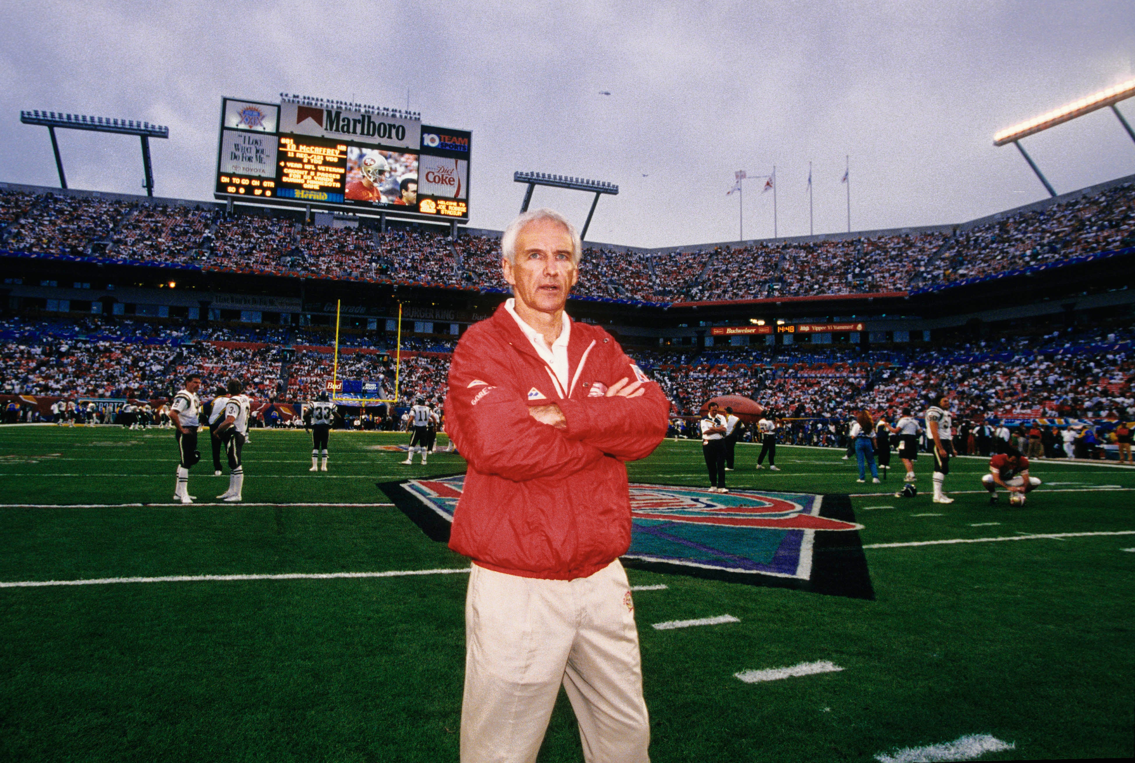 San Francisco 49ers head coach George Seifert on the field prior to Super Bowl XXIX against the San Diego Chargers at Joe Robbie Stadium. The 49ers defeated the Chargers 49-26.