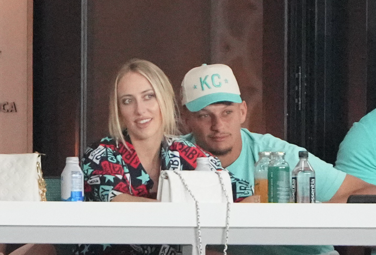 Sep 20, 2024; Kansas City, Missouri, USA; Kansas City Chiefs quarterback Patrick Mahomes and wife Brittany watch play during the first half against the Washington Spirit at CPKC Stadium.
