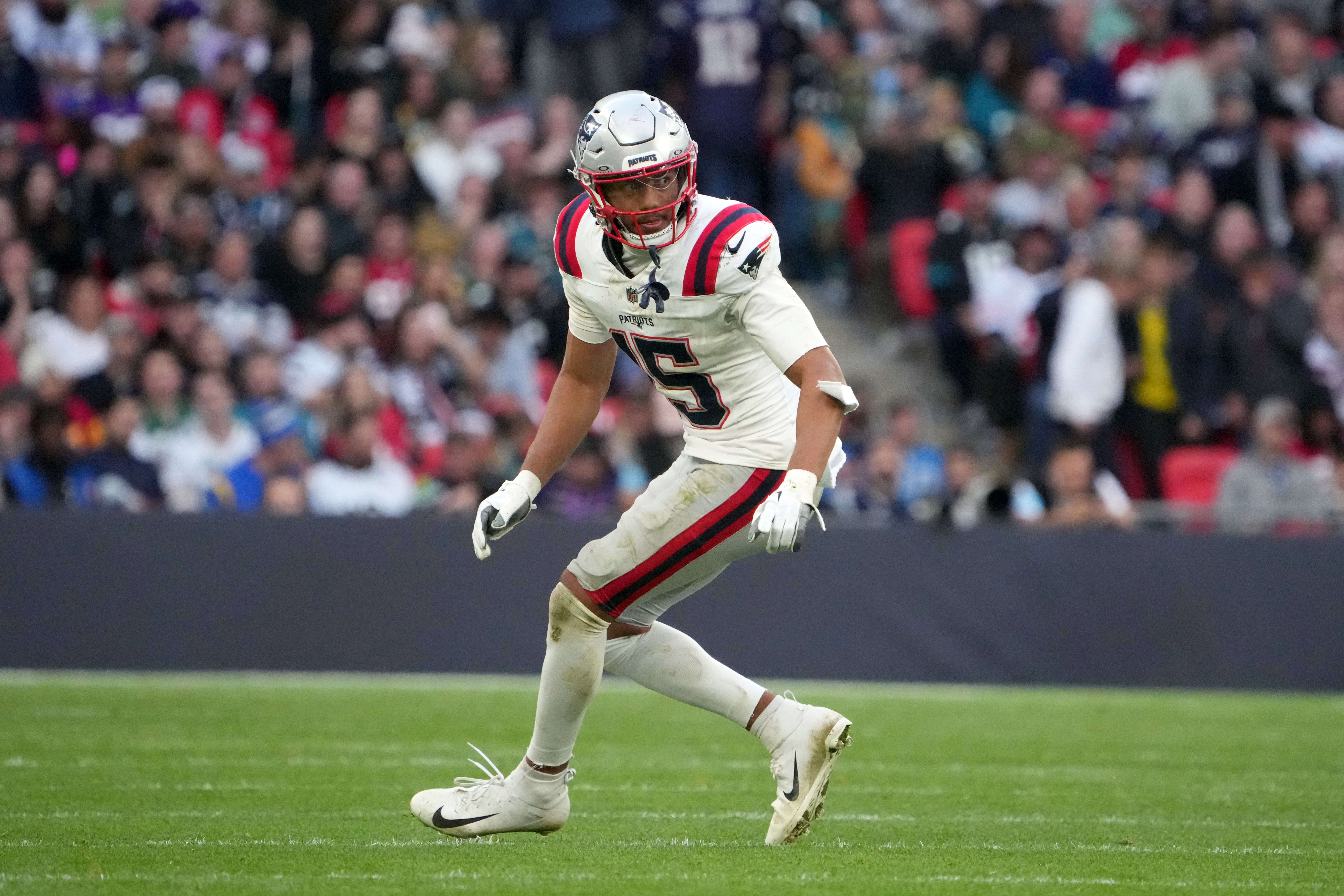 Oct 20, 2024; London, United Kingdom; New England Patriots safety Marte Mapu (15) against the Jacksonville Jaguars in the second half of an NFL International Series game at Wembley Stadium.