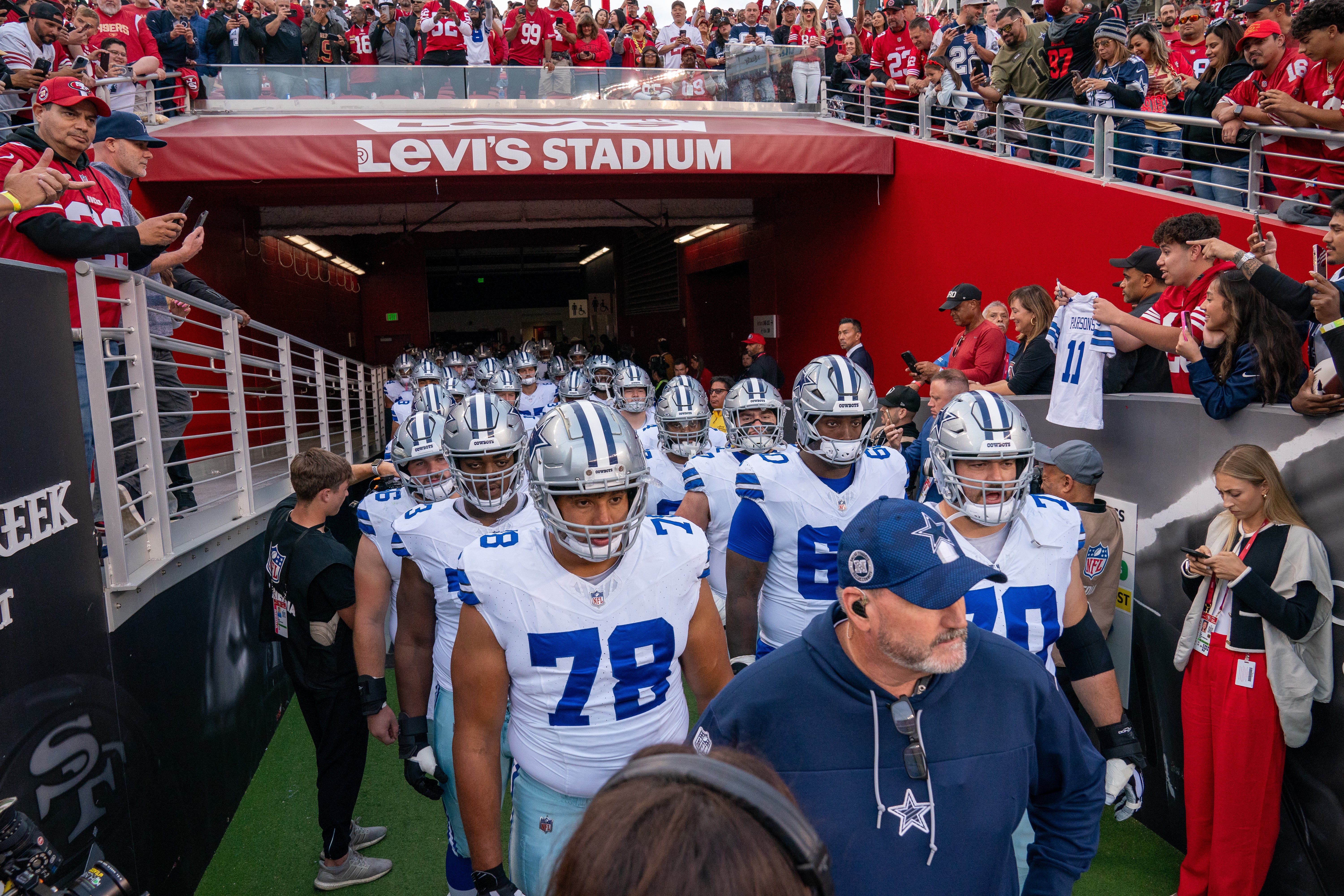 Dallas Cowboys wait in the tunnel to be introduced to the fans before the start of the game against the San Francisco 49ers at Levi's Stadium.