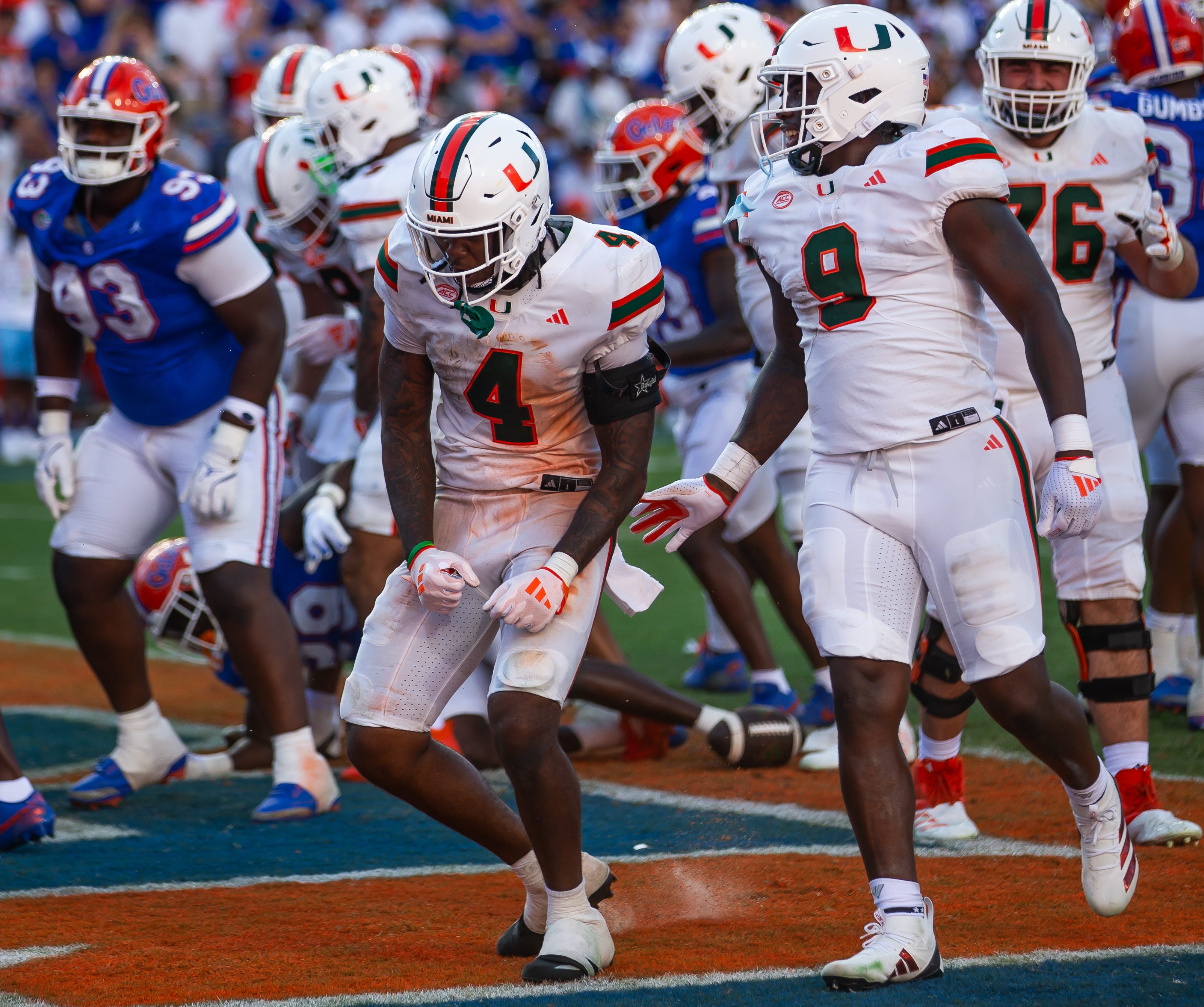 Miami Hurricanes running back Mark Fletcher Jr. (4) celebrates after goes up and over for a touchdown during the season opener at Ben Hill Griffin Stadium in Gainesville, FL on Saturday, August 31, 2024 against the University of Miami Hurricanes in the second half.