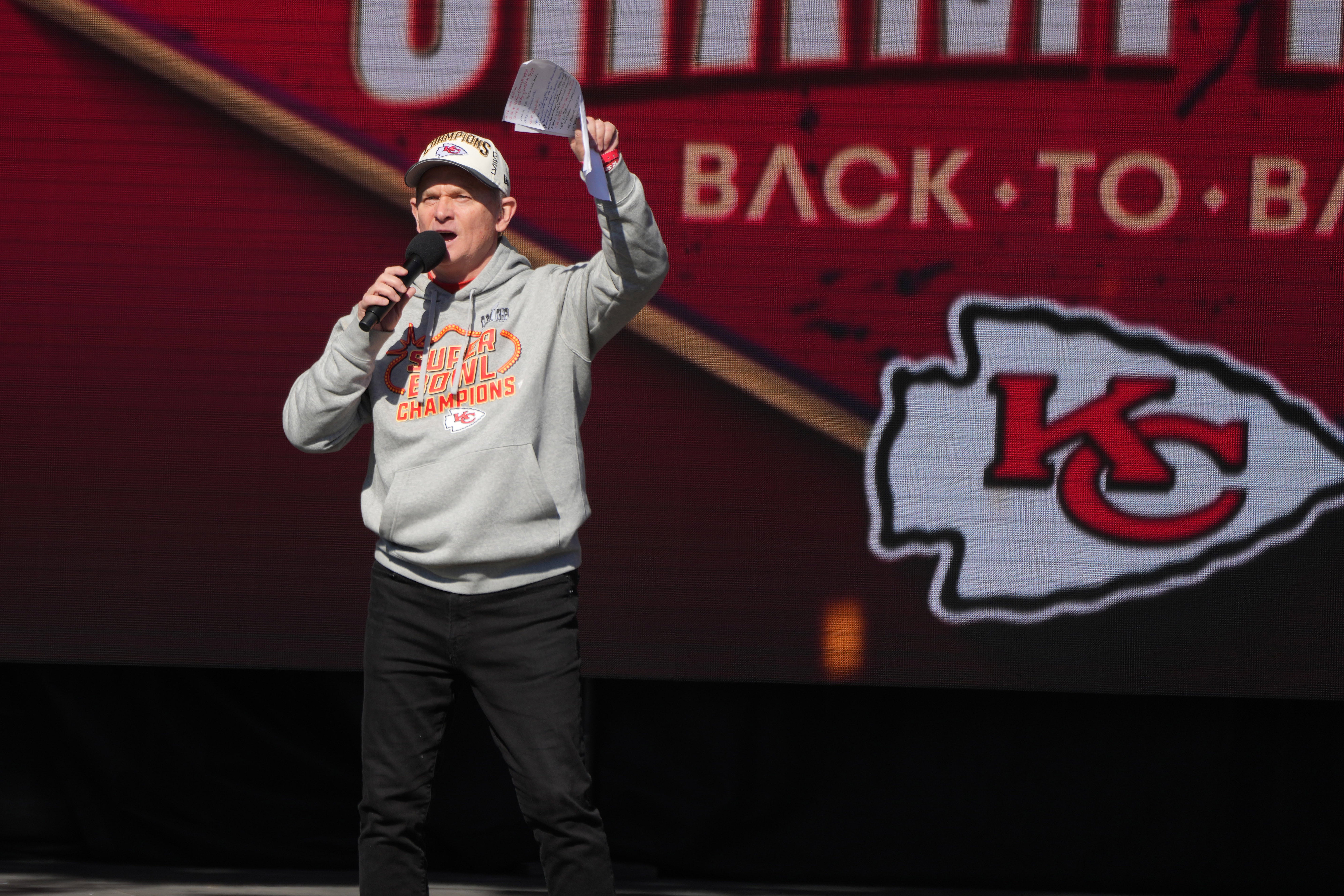 Feb 14, 2024; Kansas City, MO, USA; Kansas City Chiefs radio network play-by-play announcer Mitch Holthu. during the celebration of the Chiefs winning Super Bowl LVIII.