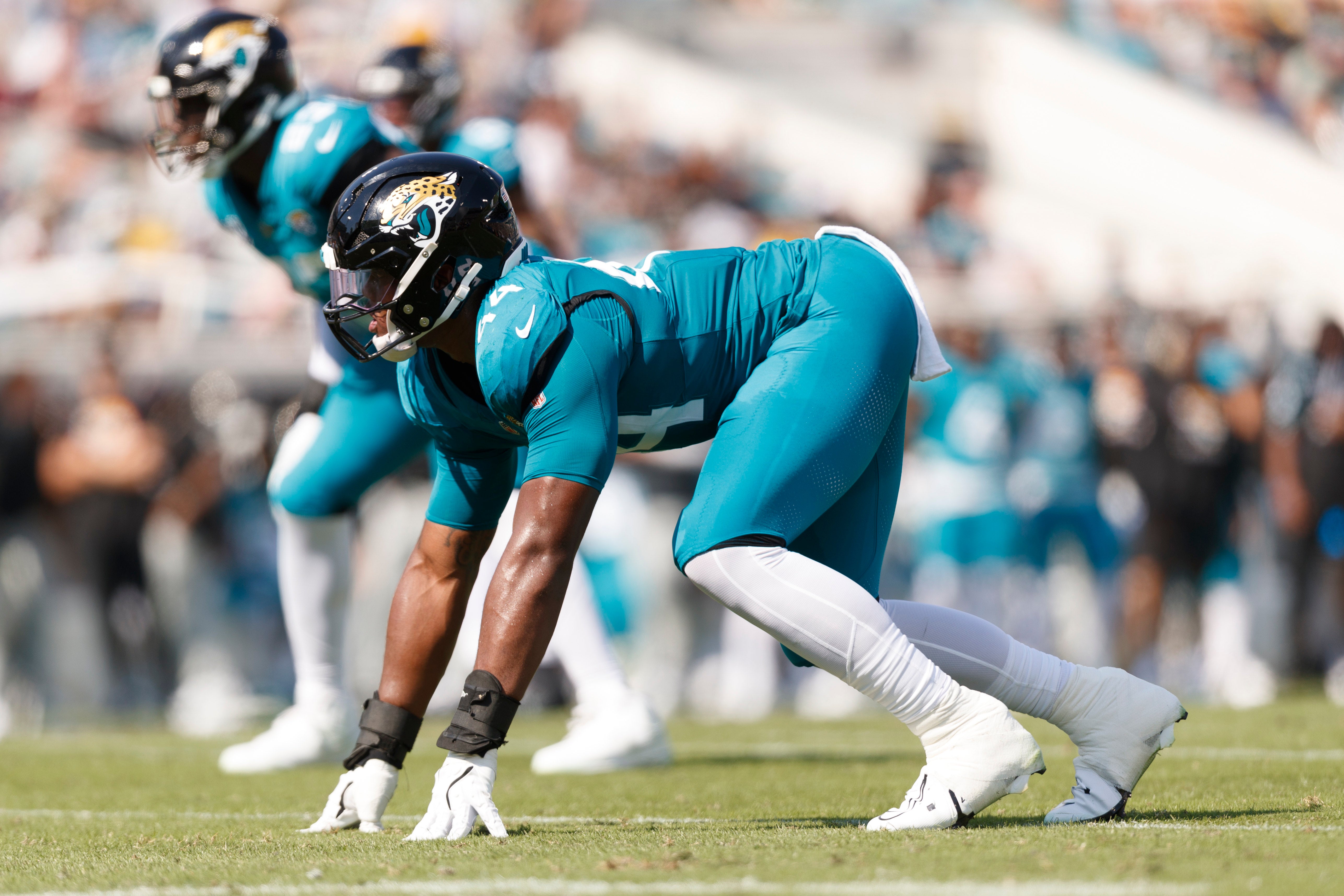 Oct 27, 2024; Jacksonville, Florida, USA; Jacksonville Jaguars defensive end Travon Walker (44) waits for the snap against the Green Bay Packers during the second quarter at EverBank Stadium.