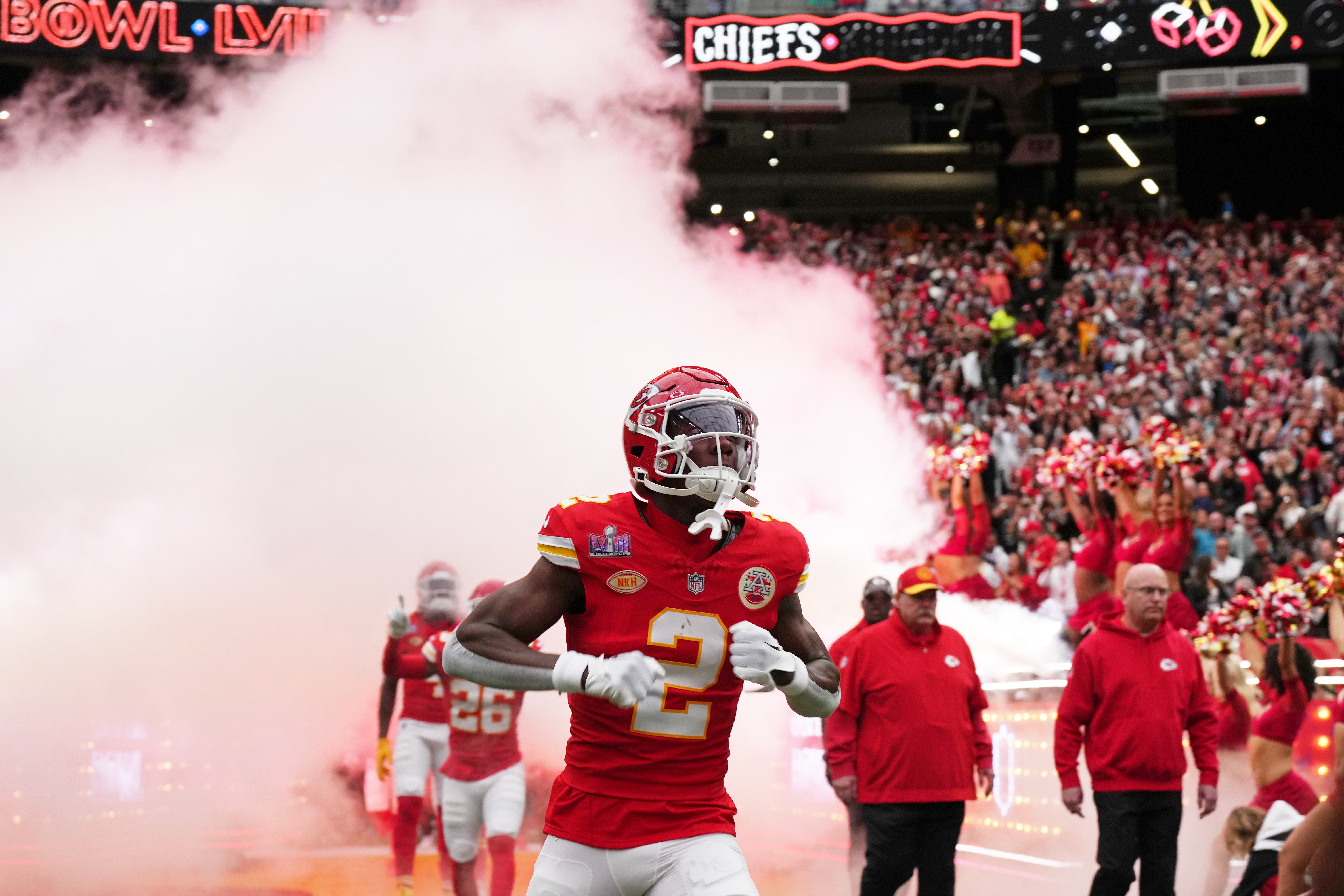 Feb 11, 2024; Paradise, Nevada, USA; Kansas City Chiefs cornerback Joshua Williams (2) runs on the field before Super Bowl LVIII against the San Francisco 49ers at Allegiant Stadium.