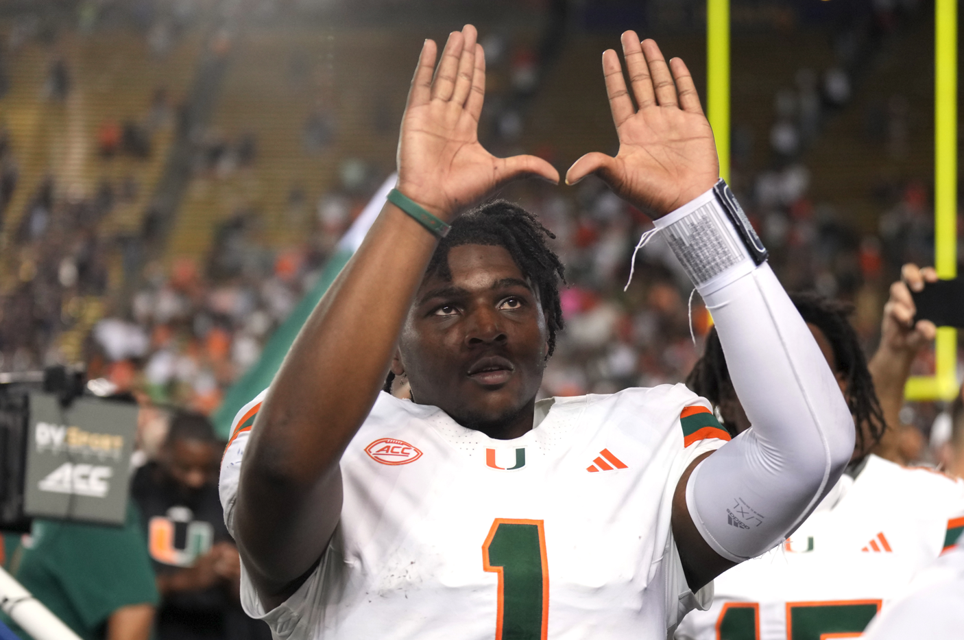 Oct 5, 2024; Berkeley, California, USA; Miami Hurricanes quarterback Cam Ward (1) gestures after defeating the California Golden Bears at California Memorial Stadium.